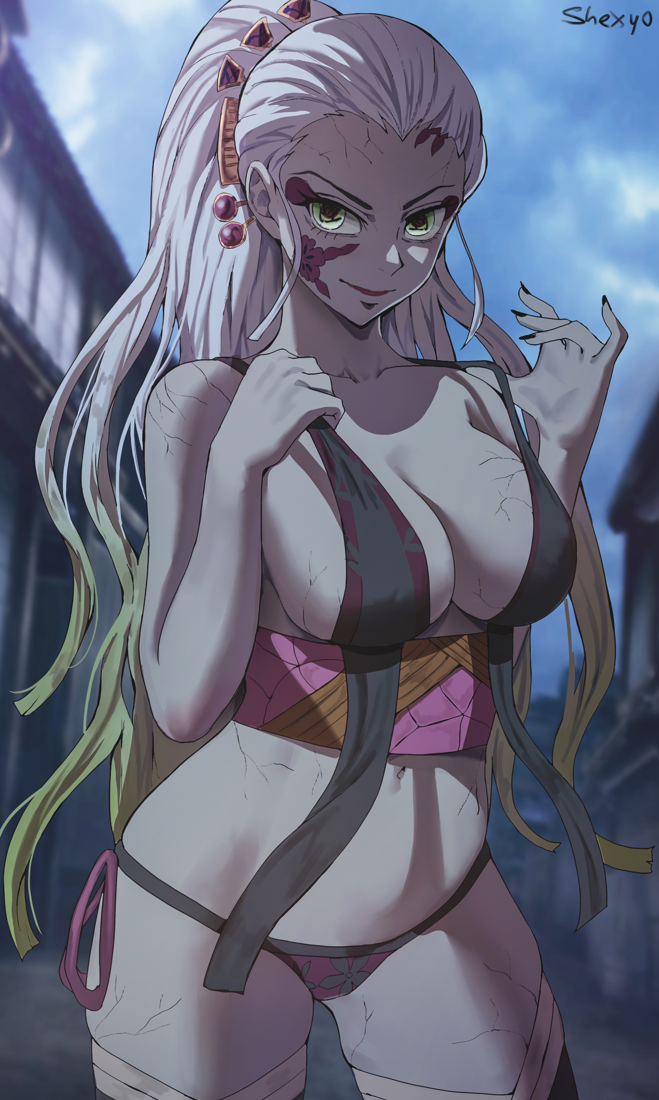 1girls, 2022, artist signature, breasts, daki (kimetsu no yaiba), demon, demon girl, demon slayer, female, female only, green eyes, hi res, hips, huge breasts, kimetsu no yaiba, light skin, light-skinned female, lingerie, long hair, night, obi, outdoors, pale skin, pale-skinned female, revealing clothes, shexyo, slim waist, solo, thick thighs, thighs, white hair, white skin, white-haired female, wide hips