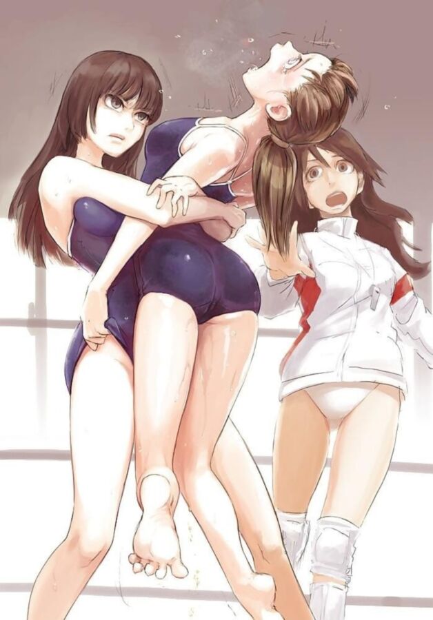 3girls brown_hair catfight clothing fainting female female_only multiple_girls peeing peeing_self smile unconscious wrestling wrestlingryona yuri