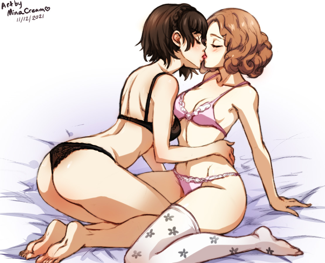 2girls, atlus, barefoot, black panties, blush, bra, brown hair, closed eyes, feet, female, female only, haru okumura, kissing, lingerie, makoto niijima, minacream, on bed, panties, persona, persona 5, pink panties, short hair, soles, thigh high socks, toes, underwear, yuri