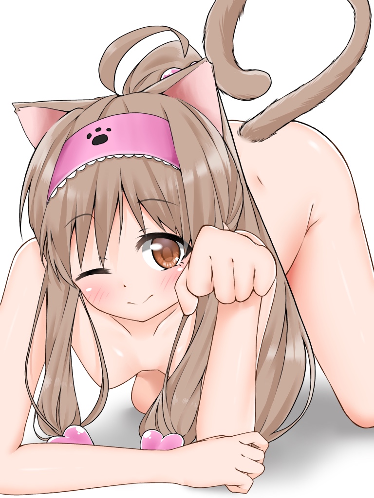 ahoge all_fours animal_ears bangs blush breasts cat_ears cat_tail eyebrows_visible_through_hair female hair_bobbles hair_censor hair_ornament hayase_kinue headband light_brown_hair masamune-kun_no_revenge nude one_eye_closed orange_eyes paw_pose ponytail small_breasts smile tail wink