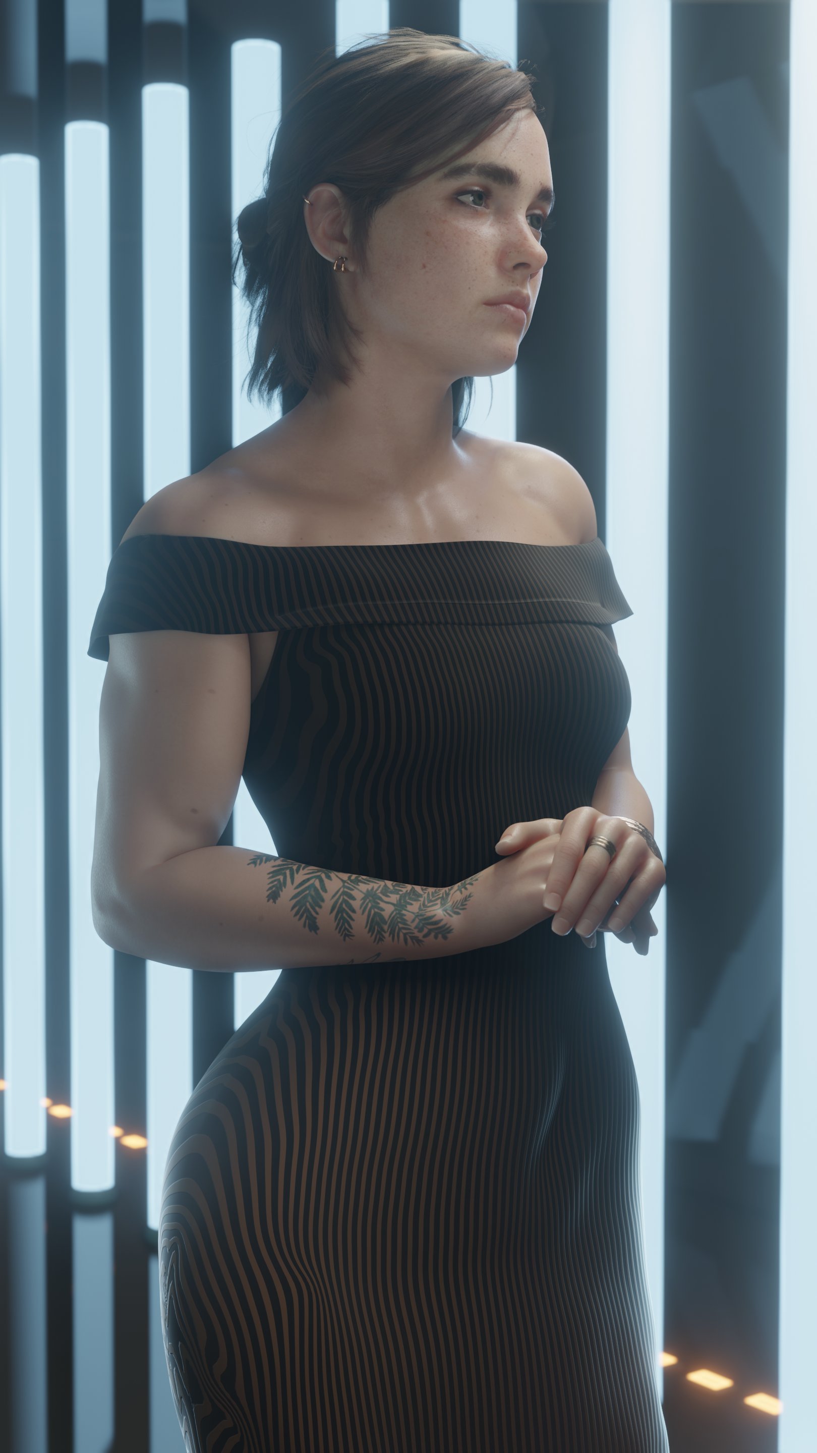 1girls, 3d, 3d (artwork), bare arms, bare shoulders, bracelet, breasts, brown hair, clothed, clothed female, collarbone, dress, ear piercing, earrings, ellie (the last of us), ellie williams, female, female focus, female only, freckles, green eyes, hi res, hourglass figure, loligagger, medium breasts, muscular, muscular arms, muscular female, naughty dog, painted nails, ring, shiny skin, short hair, solo, solo female, solo focus, sony interactive entertainment, striped clothing, striped dress, tattoo, tattoo on arm, tattooed arm, the last of us, the last of us 2, tied hair, voluptuous, wide hips