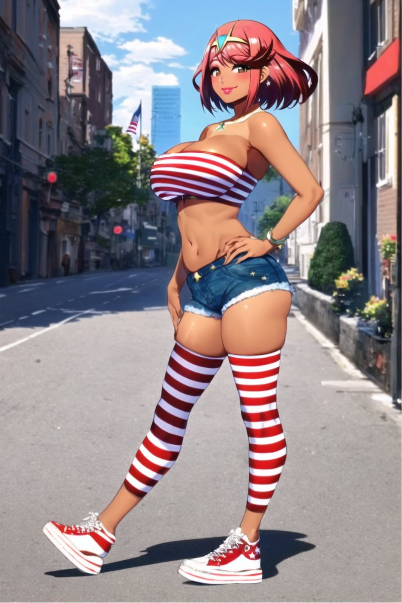 ai_generated american_flag bimbo bimbo_body bimbo_lips bimbofication bimbofied city cleavage day denim_shorts from_side ganguro hand_on_hip lips lipstick makeup nai_diffusion outdoors pink_lips pink_lipstick public pyra robofun short_shorts shorts sneakers stable_diffusion strapless striped_legwear tan_body tan_skin thighhighs tubetop xenoblade_(series) xenoblade_chronicles_2