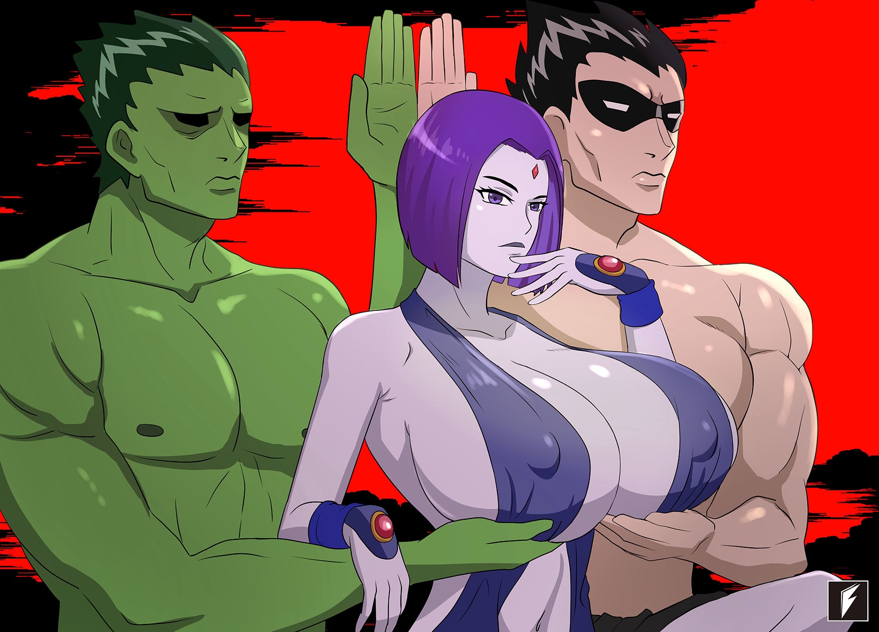 1girls, 2boys, beast boy, big breasts, black hair, breast lift, breasts, cambion, cleavage, clothing, curvy female, dc, dc comics, demon, demon girl, dick grayson, female, forehead jewel, garfield logan, green hair, green skin, half demon, hand on breast, handwear, huge breasts, inner sideboob, male, mask, medium hair, muscular, muscular male, nipple bulge, nipples, parody, purple eyes, purple hair, purple skin, rachel roth, raven (dc), robin (dc), robin (dick grayson), servants holding aphrodite's breasts (meme), sideboob, teen titans, teng zhai zi, thin arms, thin waist, upper body