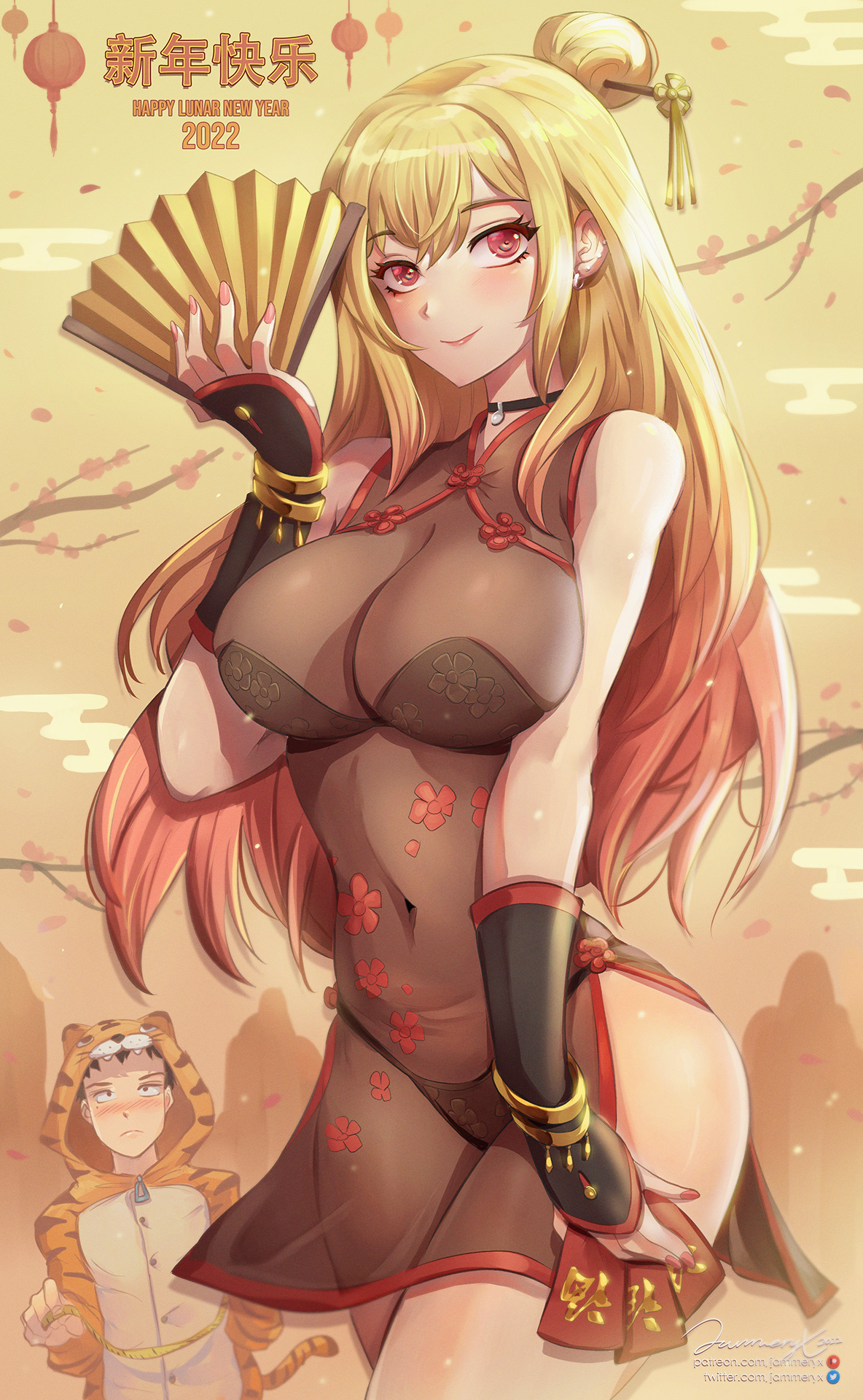 1boy, 1girls, 2022, alternate hairstyle, bare legs, blonde hair, breasts, character in background, china dress, cleavage, dress, fan, female, female focus, gojou wakana, gyaru, hair stick, hips, holding object, huge breasts, jammeryx, kitagawa marin, long hair, lunar new year, male, red eyes, see-through, see-through clothing, short dress, simple background, slim waist, smile, sono bisque doll wa koi wo suru, thick thighs, thighs, wide hips, year of the tiger