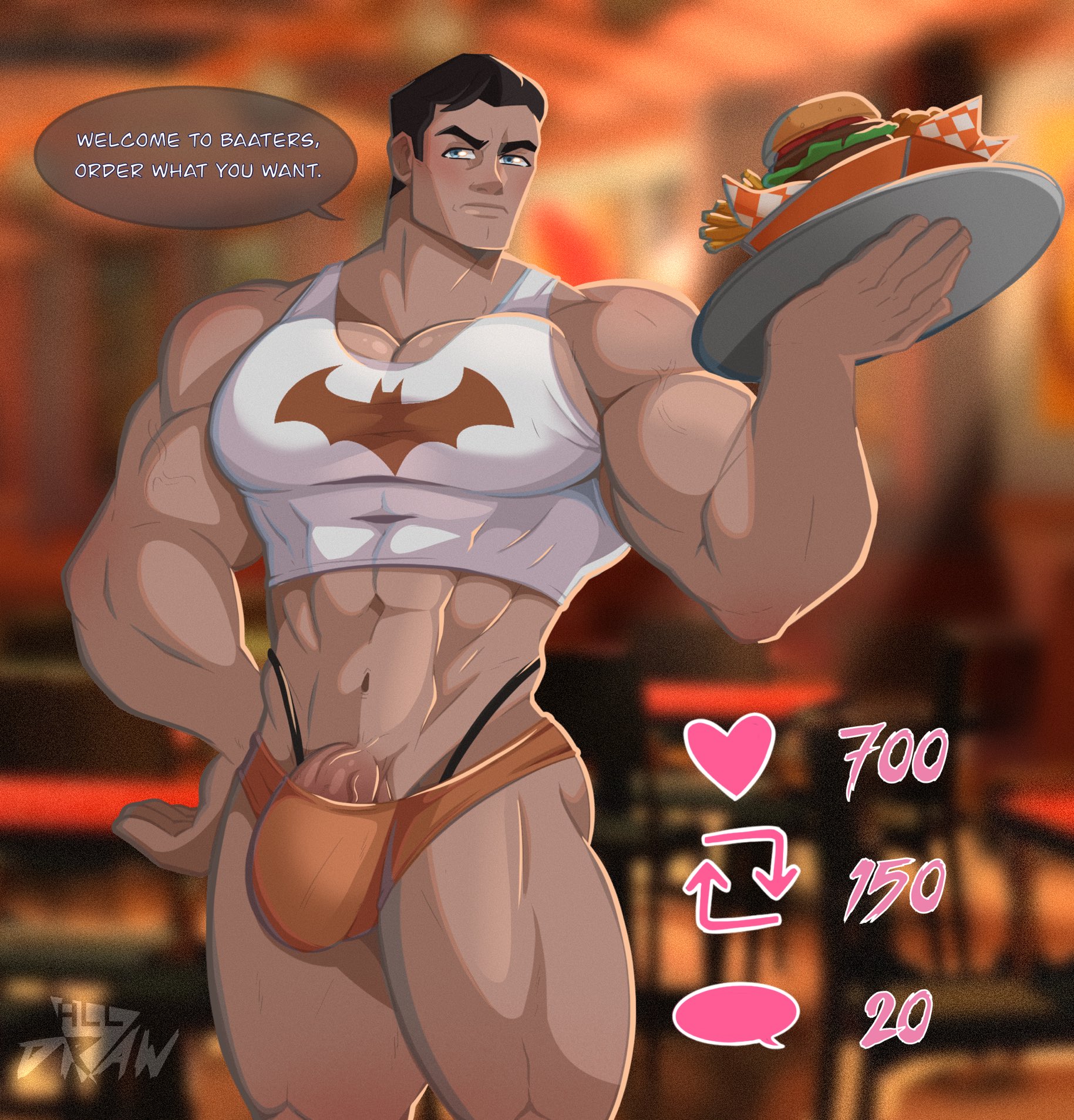 1boy, abs, all draw, bat symbol, batman, batman (bruce wayne), batman (series), big bulge, bruce wayne, bulge, caucasian, caucasian male, crop top, dc, dc comics, dialogue, english, english text, gay, himbo, huge bulge, male, male only, muscles, muscular, muscular male, pecs, penis, penis peek, server, solo, solo male, strip game, thick thighs, thong, veiny penis, waiter, yaoi