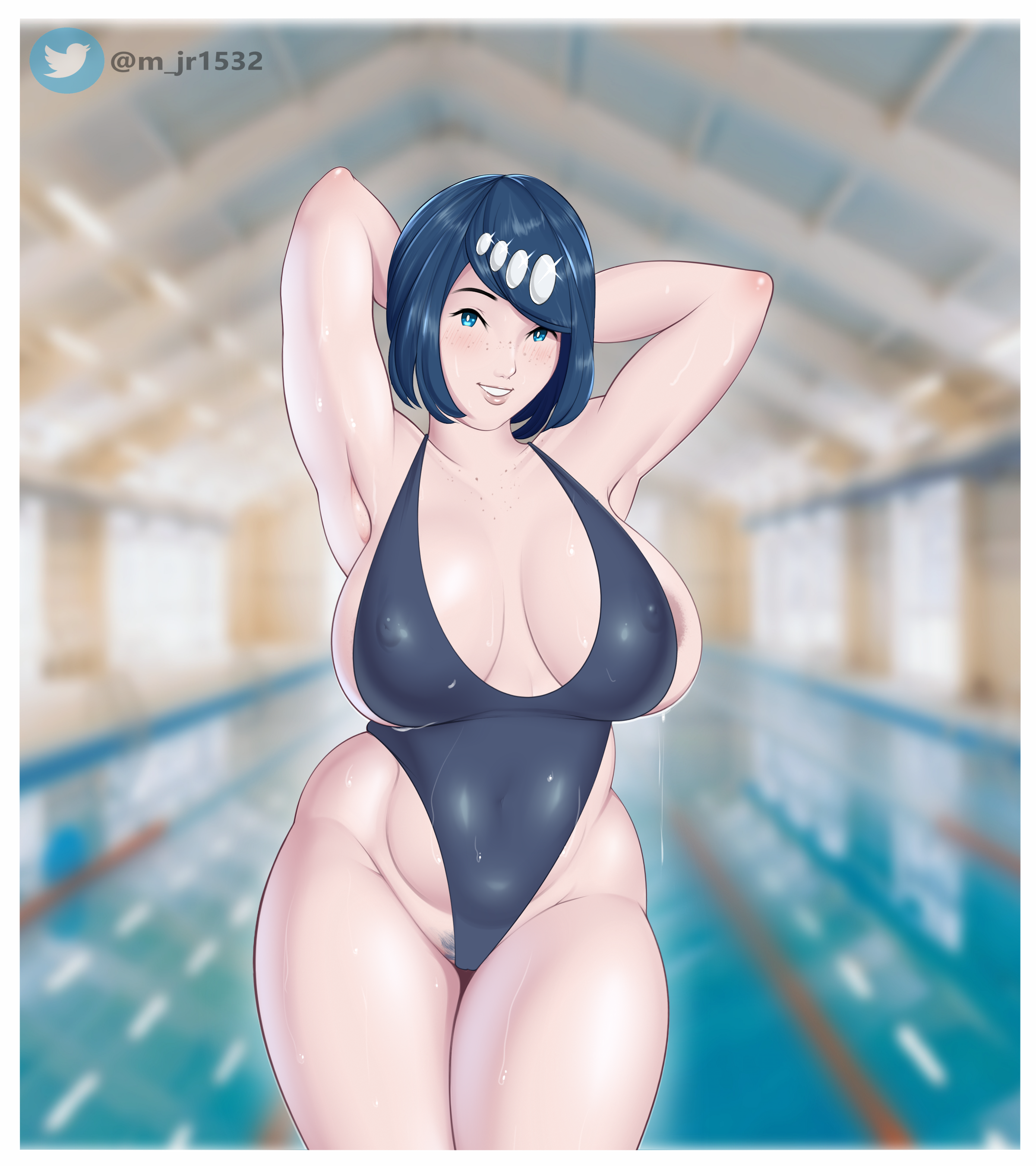 1girls, armpits, arms behind head, background, big breasts, bikini, blue eyes, blue hair, breasts, busty, cleavage, female, female only, lana's mother (pokemon), large breasts, looking at viewer, m jr art, mature, mature female, milf, mob face, mommy, mother, pokemon, pokemon sm, pose, posing, sensual, sexy armpits, smile, solo female, swimsuit, voluptuous, white skin