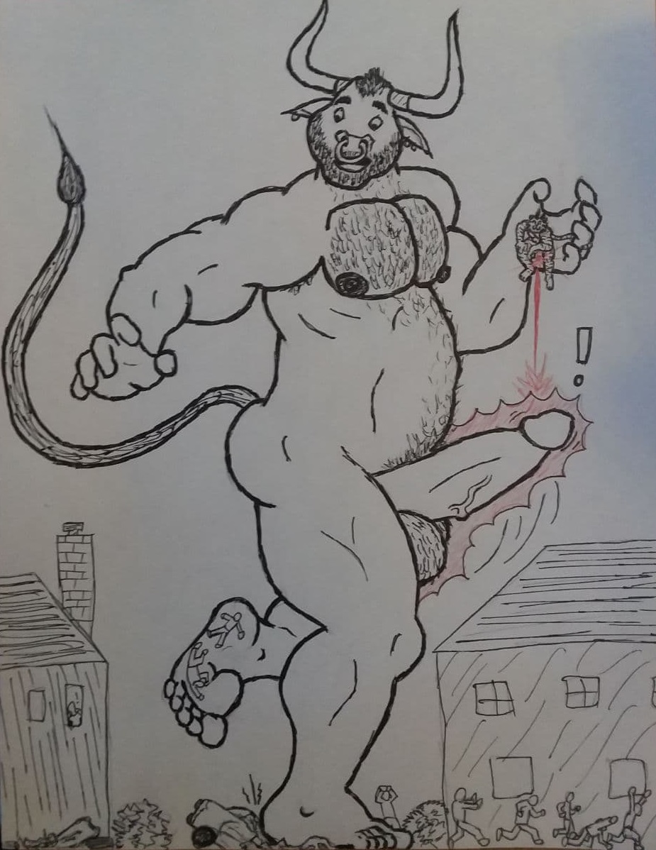 anthro body_hair bovid building chest_hair crush demon duo erection feet felid genitals hex hex6 house human hybrid macro magic male male_only mammal musclegut muscular pantherine pen_(artwork) penis stomping thick_thighs tiger traditional_media_(artwork) trampling