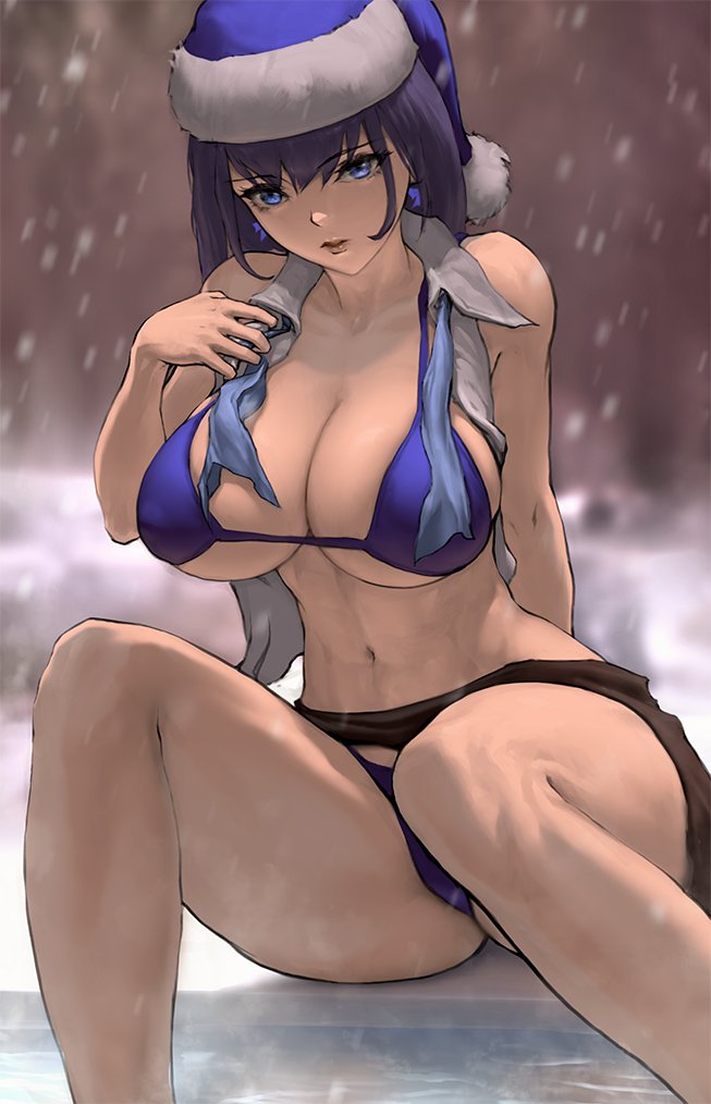 1girls, big breasts, bikini, bikini bottom, bikini top, blue bikini, blue eyes, blue hair, breasts, christmas, cleavage, demon, exposed, female, female focus, female only, hololive, hololive english, hololive english -council-, hololive english -promise-, infi mt, large breasts, looking at viewer, ouro kronii, outdoors, pinup, santa hat, short hair, showing, sitting, sitting down, skirt lift, snow, snowing, solo, solo female, solo focus, thick thighs, thighs, unbuttoned, unbuttoned shirt, virtual youtuber, youtube, youtuber