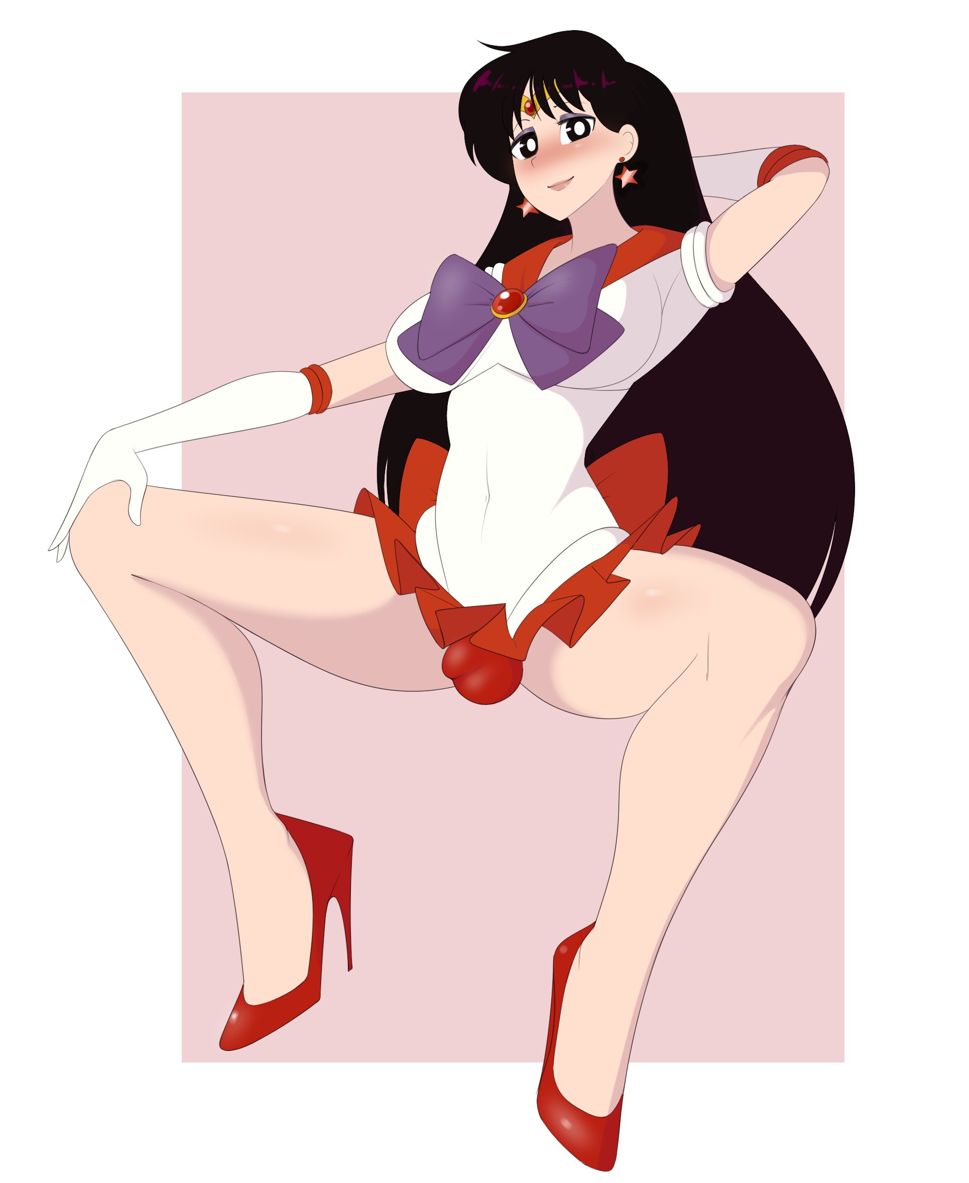 1futa, arm gloves, balls, balls bulge, balls in panties, big breasts, bishoujo senshi sailor moon, blush, breasts, bulge, clothed, clothing, dickgirl, female, flaccid, fully clothed, futa only, futanari, hi res, high heels, highres, human, intersex, large breasts, light skin, light-skinned futa, long hair, magical girl, pale skin, panty bulge, penis, penis bulge, penis in panties, rei hino, sailor mars, sealguy, short skirt, skirt, solo, solo futa, squatting
