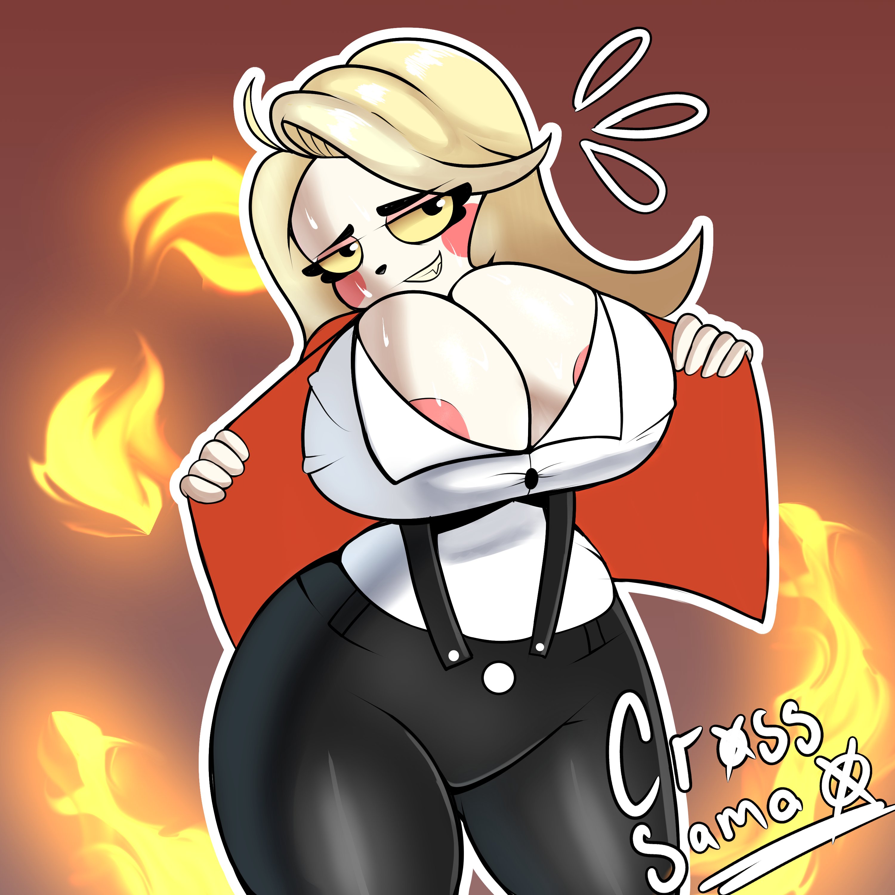 areola, areola slip, areolae, barely contained, big breasts, blonde hair, breasts, charlie morningstar (hazbin hotel), cleavage, clothed, clothing, cross samax, female, fire, hazbin hotel, large breasts, long hair, looking at viewer, smile, solo, solo female, suspenders, sweat