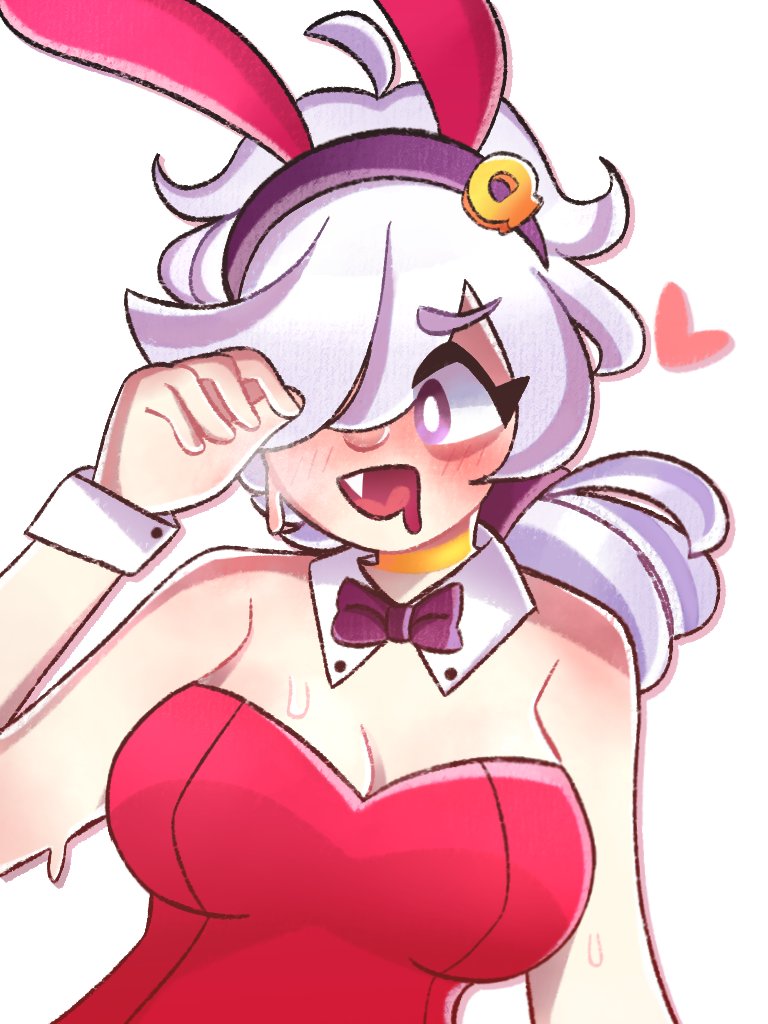 blush, bowtie, brawl stars, breasts, bunny ears, bunnysuit, clothed, clothing, colette (brawl stars), cute fang, eyebrows visible through hair, female, headband, heart, medium breasts, ponytail, short hair, sweat, tuxedo, unknown artist, white background, white hair