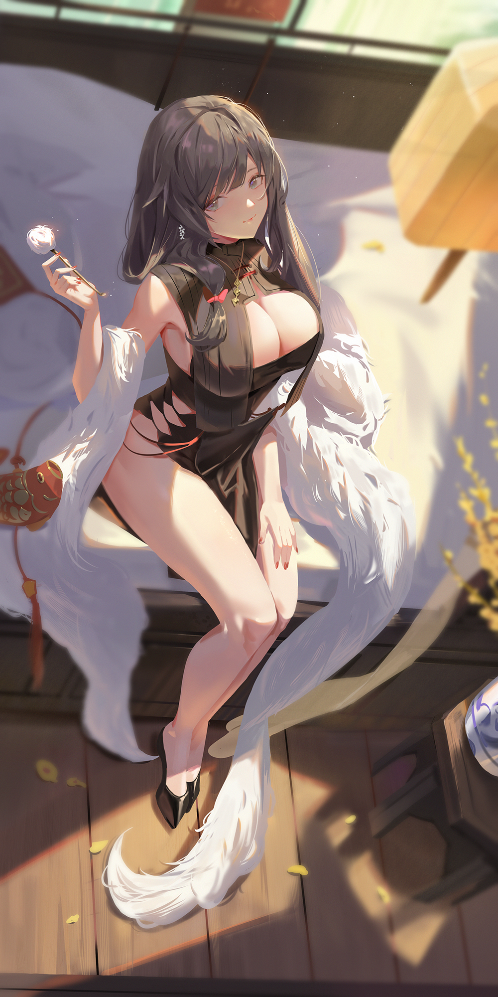 1girls alternate_costume azur_lane bangs bare_shoulders black_dress breasts charybdis_(azur_lane) charybdis_(red_chamber_of_healing)_(azur_lane) cleavage dress elegant elegant_dress female grey_eyes grey_hair high_heels large_breasts light-skinned_female light_skin long_hair looking_at_viewer official_alternate_costume royal_navy_(azur_lane) sansan_(dongfangzhong111) sitting smile solo thighs