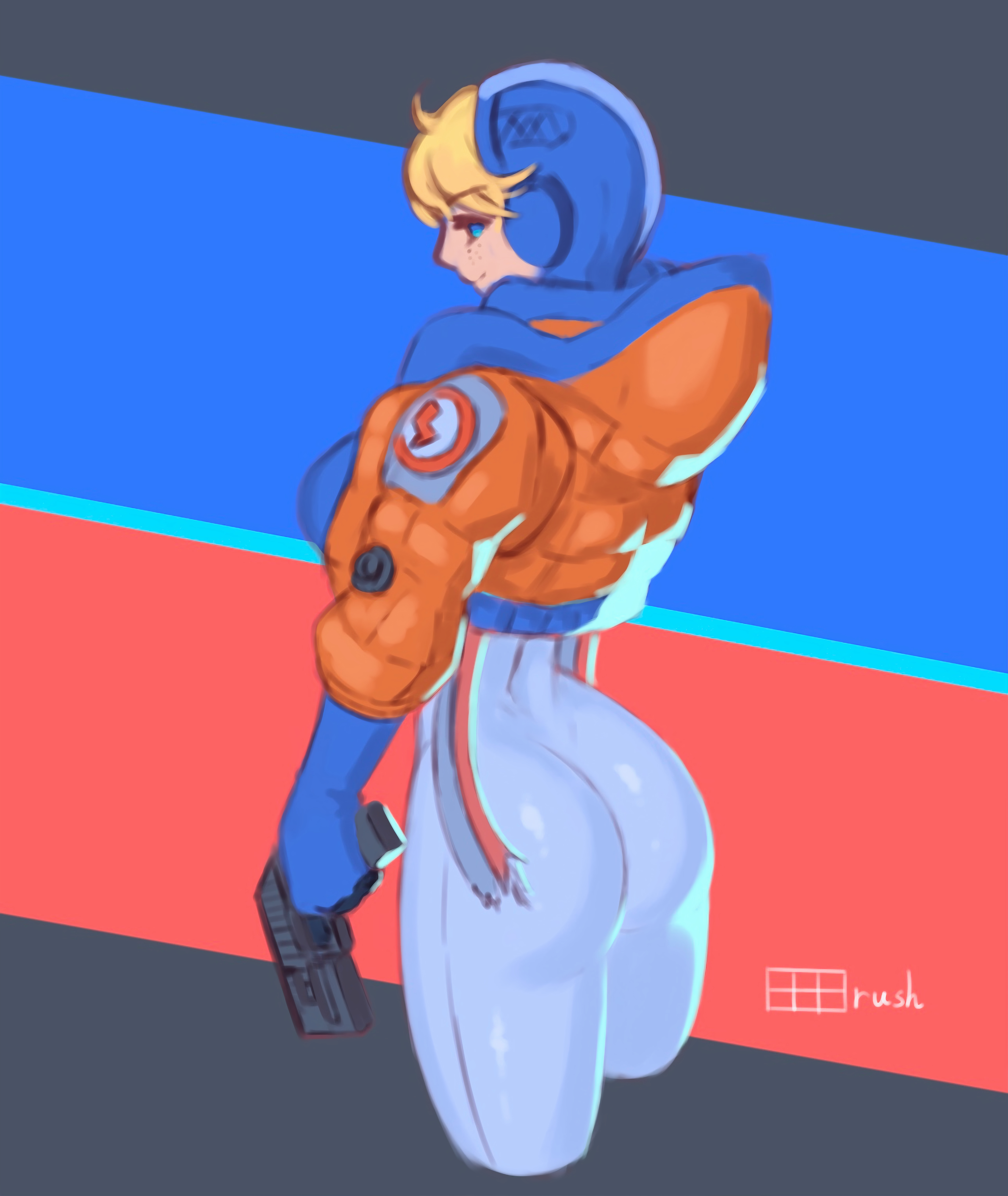 1girls, alternate breast size, apex legends, ass, ass focus, big ass, blonde hair, bottom heavy, breasts, breasts out, breasts outside, bubble ass, bubble butt, eyebrows visible through hair, female, jumpsuit, looking at viewer, outgrowing clothes, simple background, stretched clothing, thick, thick ass, thick hips, tight clothing, tight fit, tight pants, wattson (apex legends)