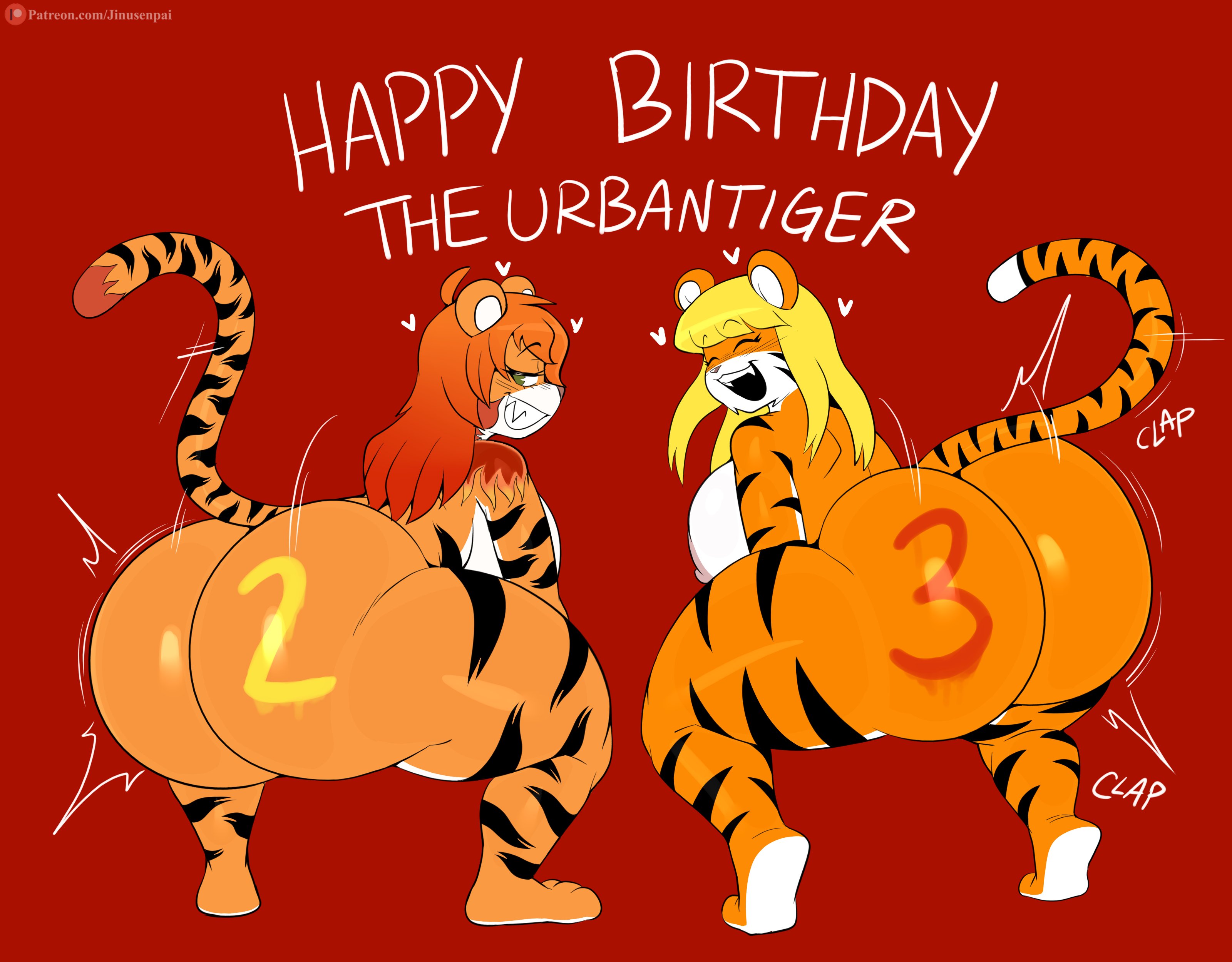 absurd res, anthro, ass, big ass, blonde hair, breasts, duo, english text, felid, female, female only, furry, hair, heather (the-urban-tiger), hi res, huge ass, jinu, looking at viewer, looking back, mammal, name drop, nude, pantherine, red background, shunchun (the-urban-tiger), simple background, tail, text, tiger, twerking