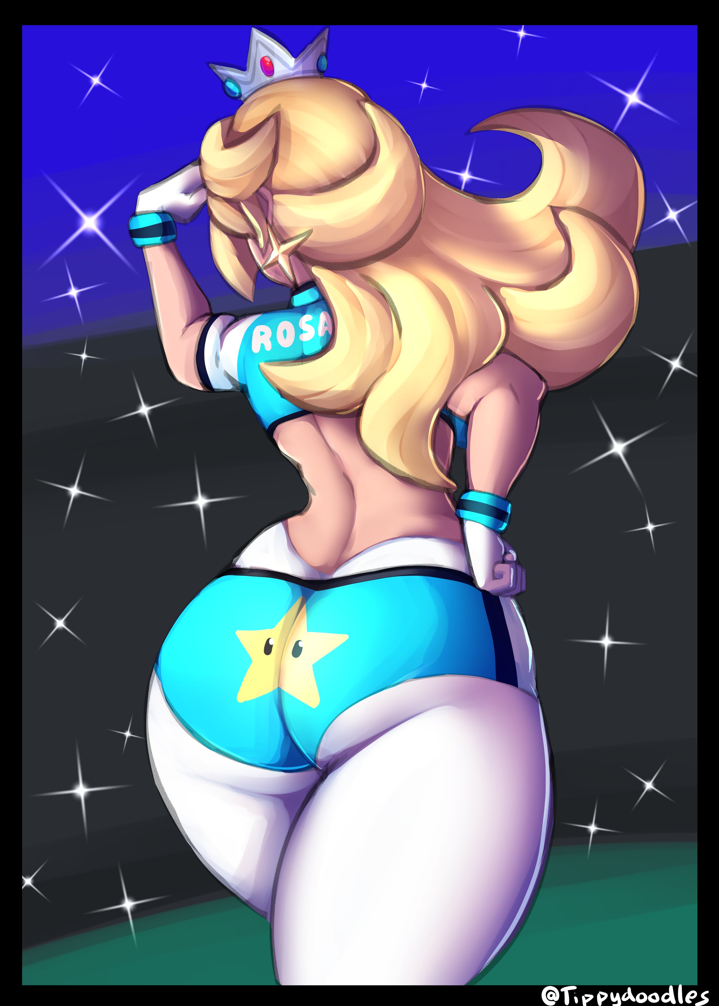 1girls, ass, ass crack, back, big ass, big butt, bimbo, blonde hair, butt crack, crown, earrings, female, female focus, female only, flexing, gloves, long hair, mario (series), mario strikers, midriff, nintendo, princess rosalina, solo, solo female, sportswear, tippydoodles