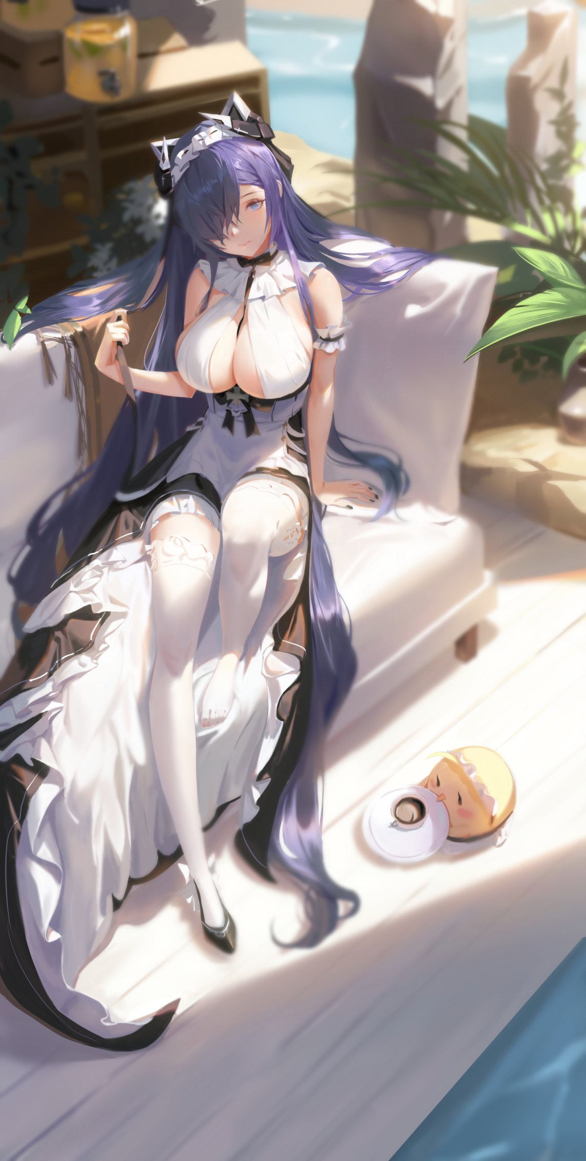 arm garter, august von parseval (azur lane), azur lane, bangs, bird, blue eyes, blurry background, breasts, closed mouth, couch, cup, depth of field, dress, female, frilled dress, frills, full body, halter dress, halterneck, headpiece, holding, holding knife, knee up, knife, large breasts, long hair, looking at viewer, official alternate costume, on couch, one eye covered, outdoors, plant, pool, poolside, purple hair, sansan (dongfangzhong111), shoes, single shoe, sitting, solo, sunlight, thighhighs, very long hair, white legwear