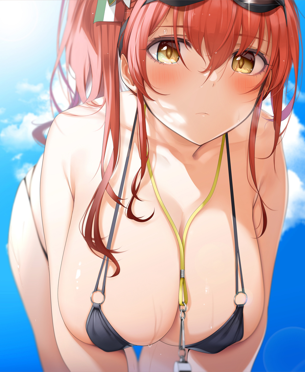 azur_lane bangs bare_shoulders bikini black_bikini blush breasts cleavage collarbone fed_(giba) female goggles goggles_on_head highres large_breasts leaning_forward long_hair looking_at_viewer o-ring o-ring_bikini official_alternate_costume red_hair side_ponytail sidelocks solo swimsuit wet whistle whistle_around_neck yellow_eyes zara_(azur_lane) zara_(poolside_coincidence)_(azur_lane)