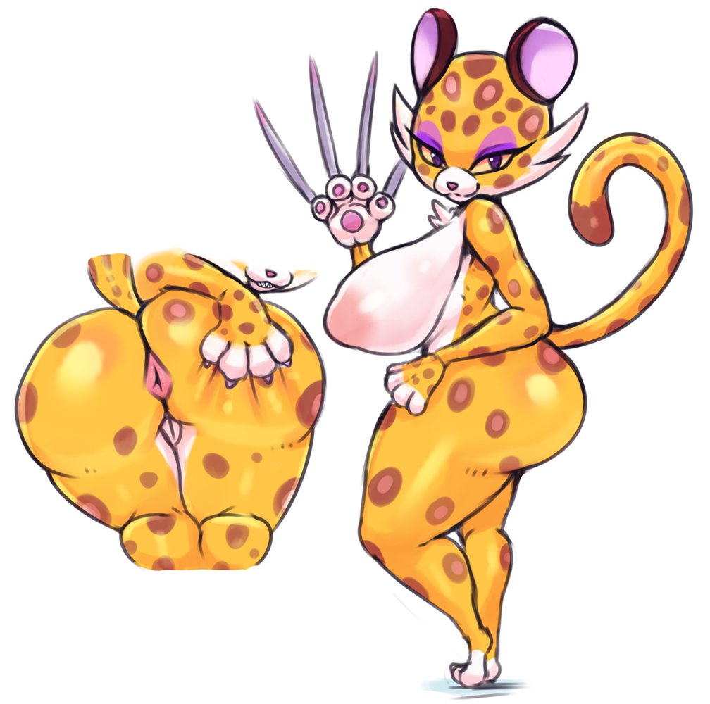 1girls, anus, areolae, ass, big ass, big breasts, big butt, big hips, big thighs, breasts, clawroline, claws, completely nude, curvaceous, curvy, eyelashes, eyeshadow, felid, feline, female, female only, from behind, full body, hand on ass, huge ass, kirby (series), kirby and the forgotten land, leopard, long claws, matospectoru, naked, naked female, nipples, nude, nude female, paws, pussy, rear view, sharp claws, shortstack, side view, solo, solo female, spreading ass, stretched anus, tail, thick thighs, voluptuous, white background, yellow fur