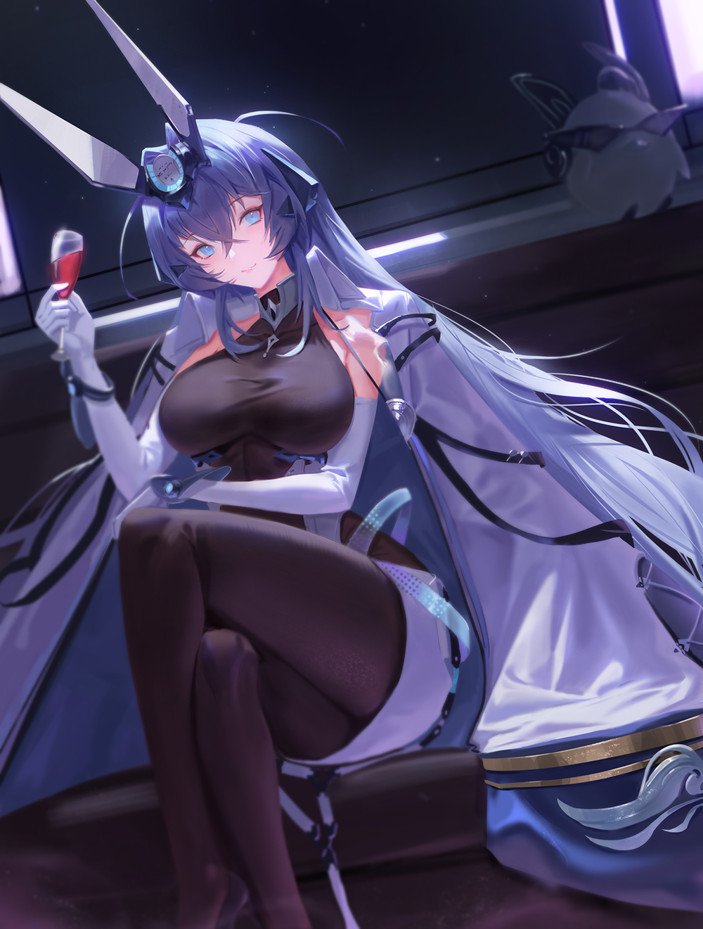 1girls azur_lane bangs bare_shoulders black_legwear blue_eyes blush bodystocking breasts closed_mouth coat creature crossed_legs cup drink drinking_glass elbow_gloves female female_only gloves hair_between_eyes hair_intakes headgear holding holding_cup indoors large_breasts light-skinned_female light_skin long_hair new_jersey_(azur_lane) purple_hair sansan_(dongfangzhong111) skirt smile solo_focus very_long_hair white_coat white_gloves white_skirt