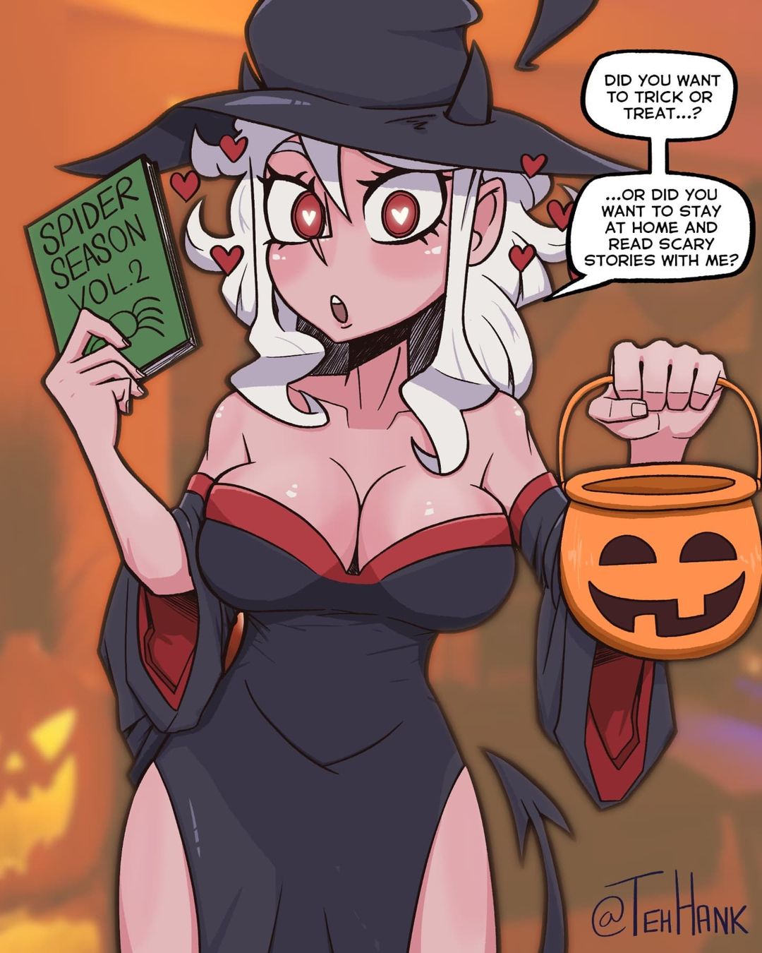 1girls, big breasts, boobs, book, breasts, cleavage, demon, demon girl, demon horns, demon tail, english text, female, female focus, female only, halloween costume, helltaker, holding object, large breasts, looking at viewer, modeus (helltaker), red eyes, sole female, solo, solo female, speech bubble, straight hair, tehhank, text, tight clothing, white hair, witch costume, witch hat