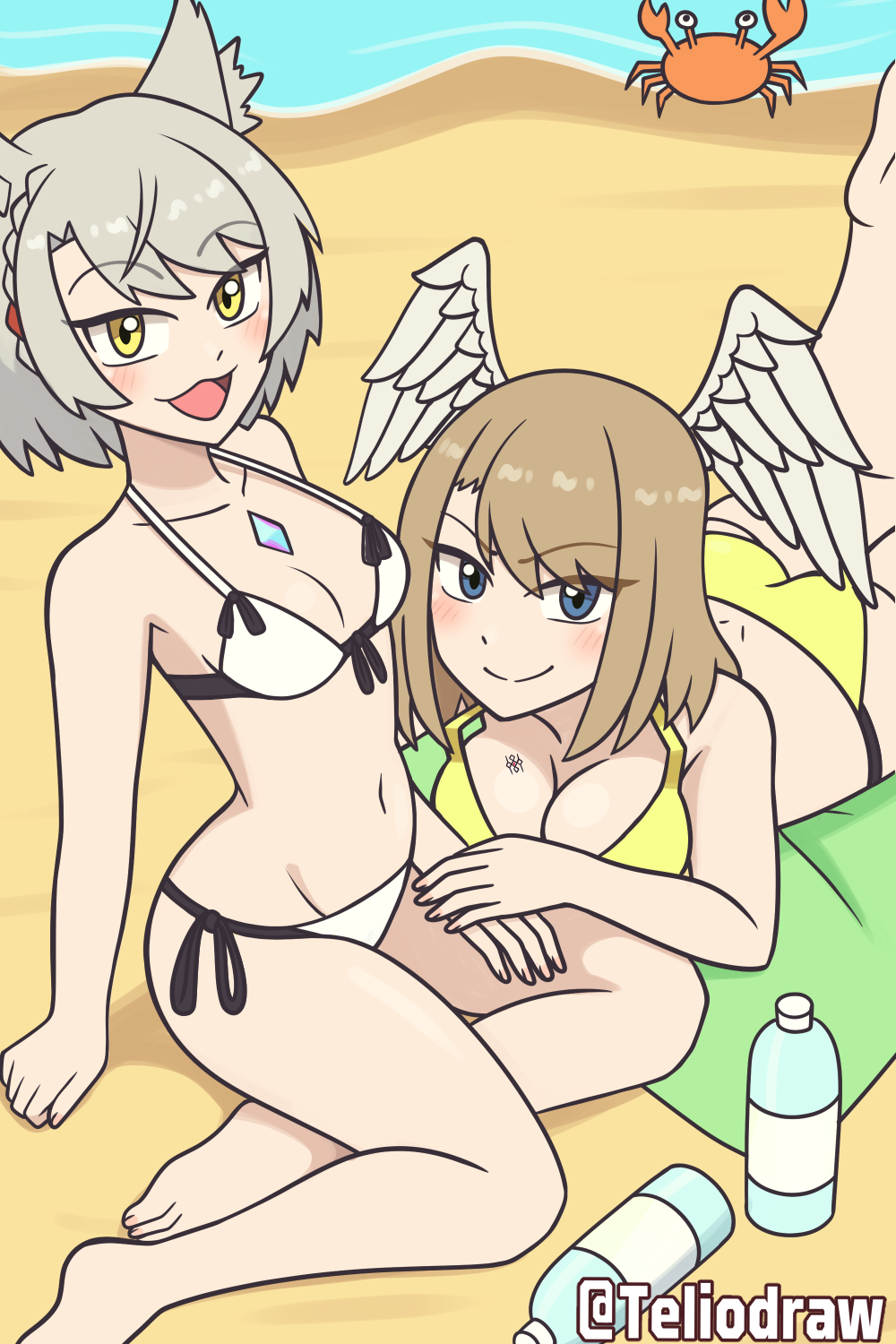 2girls :3 barefoot beach bikini blue_eyes breast_tattoo brown_hair cat_ears crab cute eunie_(xenoblade) eyebrows_visible_through_hair feet female_only grey_hair head_wings high_entia light-skinned_female looking_at_viewer mio_(xenoblade) outdoors sand smile swimsuit tattoo_on_breast teliodraw tied_bikini toes xenoblade_(series) xenoblade_chronicles_3 yellow_eyes