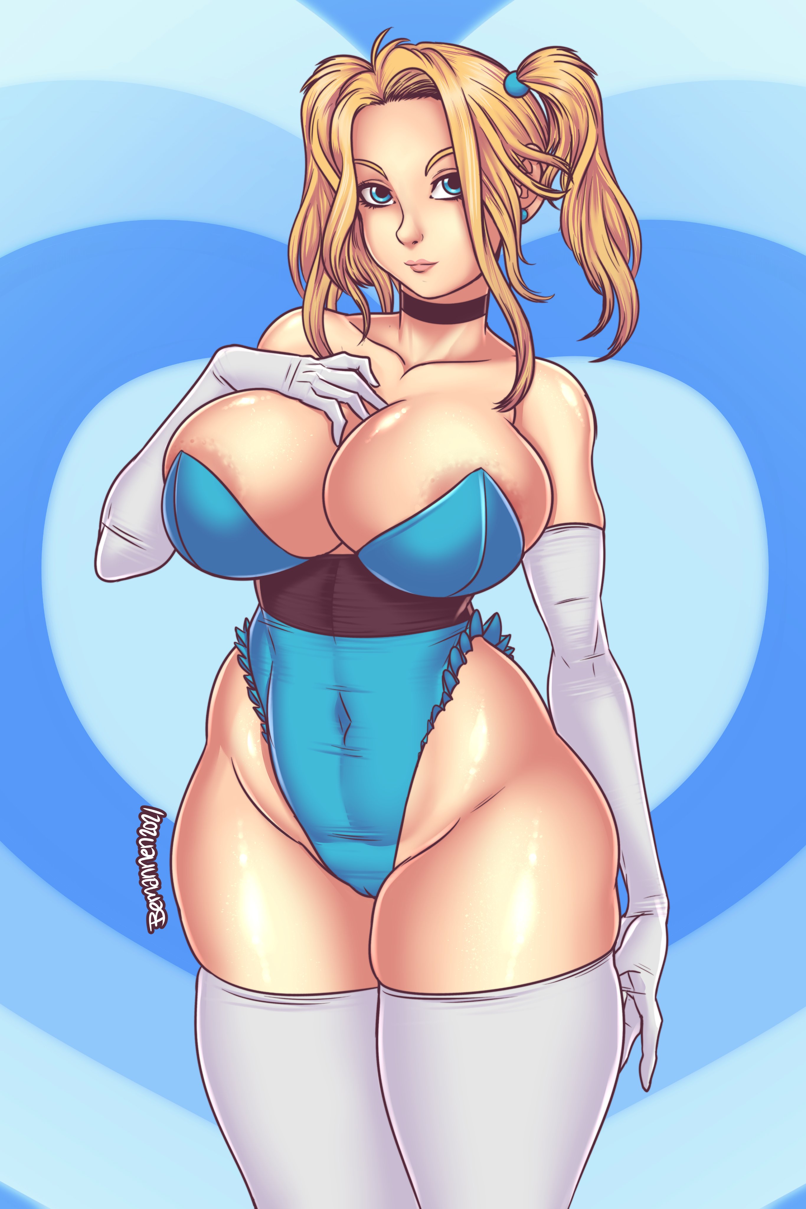 areola slip, areolae, arm gloves, ass, bemannen, big ass, big breasts, blonde hair, blue clothing, breasts, bubbles (powerpuff girls), cameltoe, cartoon network, child bearing hips, choker, cleavage, female, hourglass figure, huge ass, huge breasts, inner sideboob, leotard, looking at viewer, medium hair, overflowing breasts, powerpuff girls, pussy, revealing clothes, thick thighs, thigh squish, thighhighs, thunder thighs, tight clothing, toned, toned female, twintails, wide hips