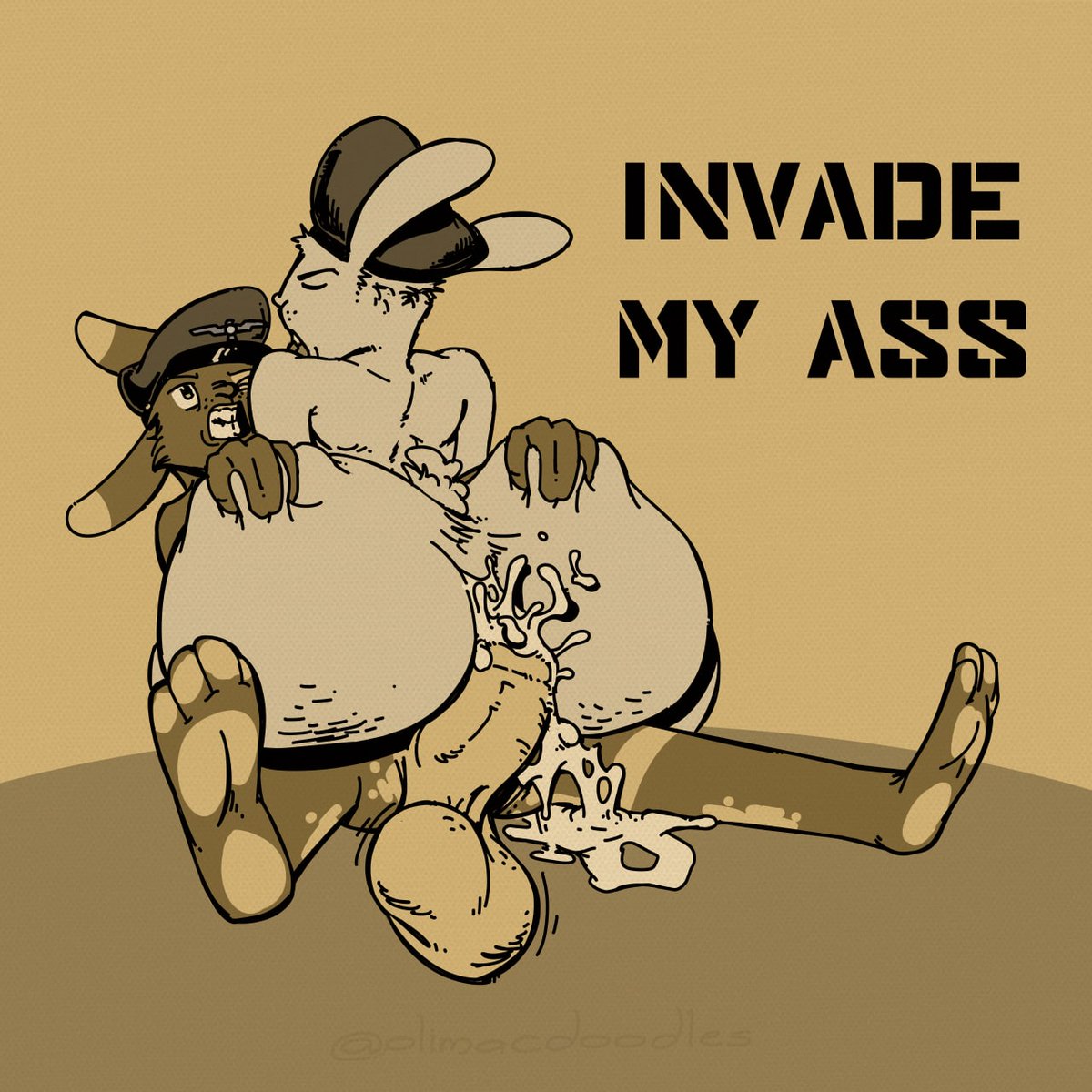 anal ass balls big_balls big_butt bodily_fluids cum cum_inside duo feral genital_fluids genitals group hare hi_res humanoid lagomorph leporid male male/male male_only mammal olimacdoodles parody propaganda rabbit retro_artstyle sex toony