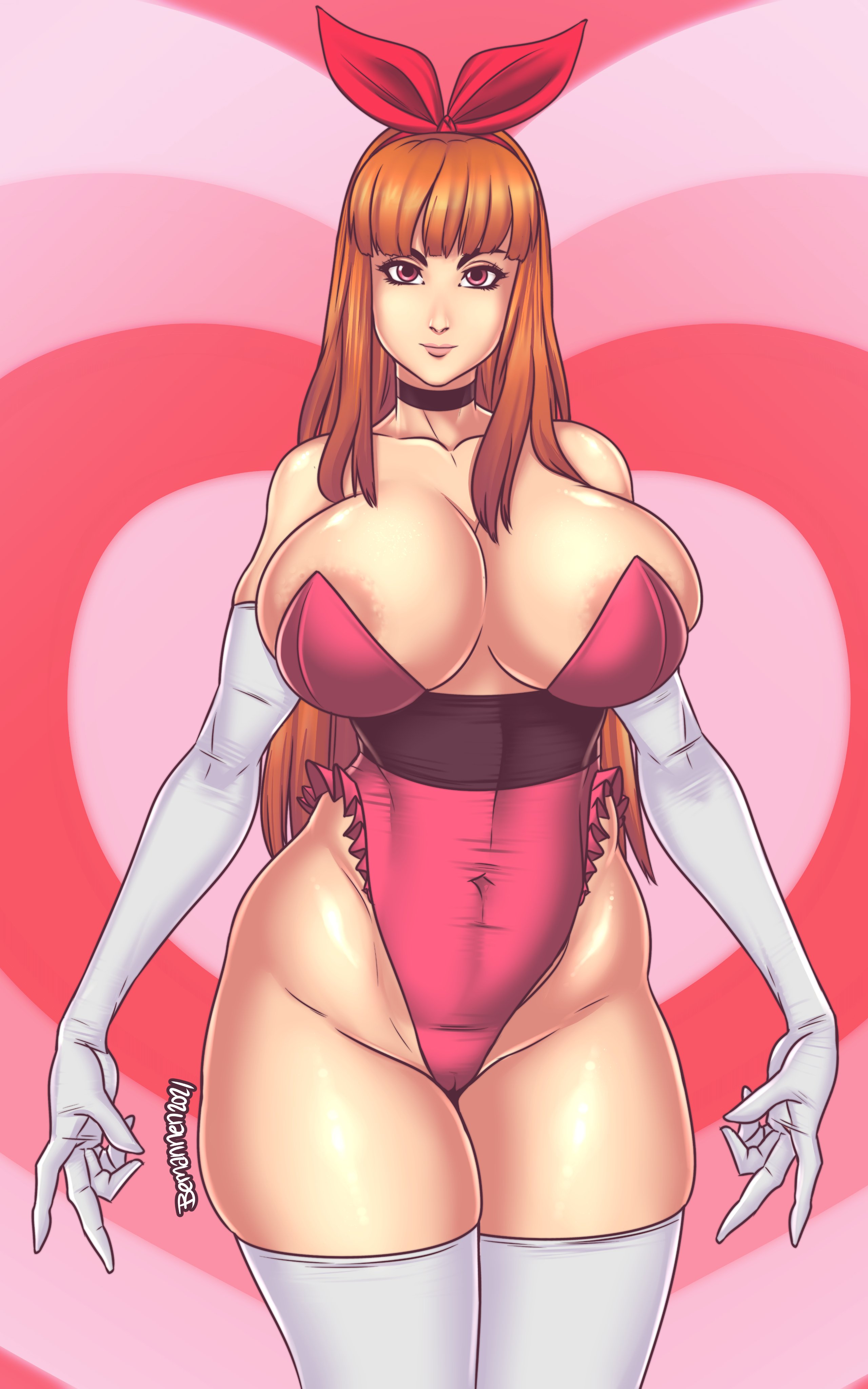 areola slip, areolae, arm gloves, ass, bemannen, big ass, big breasts, blossom (powerpuff girls), bow, breasts, cameltoe, cartoon network, child bearing hips, choker, cleavage, female, ginger hair, hair ribbon, hourglass figure, huge ass, huge breasts, inner sideboob, leotard, long hair, looking at viewer, overflowing breasts, pink clothing, powerpuff girls, pussy, revealing clothes, thick thighs, thigh squish, thighhighs, thunder thighs, tight clothing, toned, toned female, wide hips