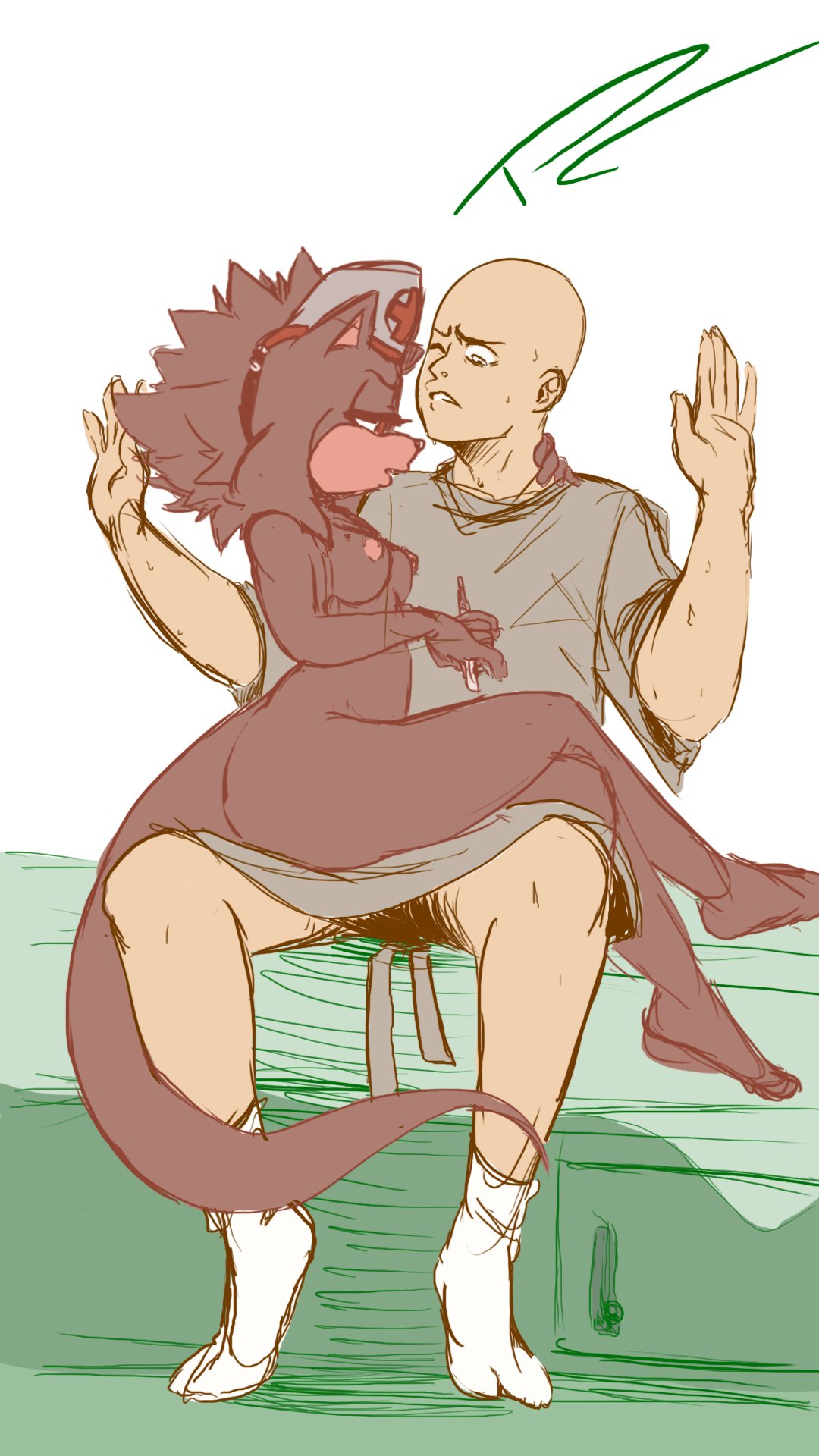 1boy, 1girls, anon, anonymous, anthro, ass, barefoot, breasts, fakeryway, female, furry, human, human male, male, nude, nude female, nurse, nurse cap, oc, original character, pleasure castle, sitting on lap, smile, socks, sonic (series), sonic oc, straight, thermometer, watermark