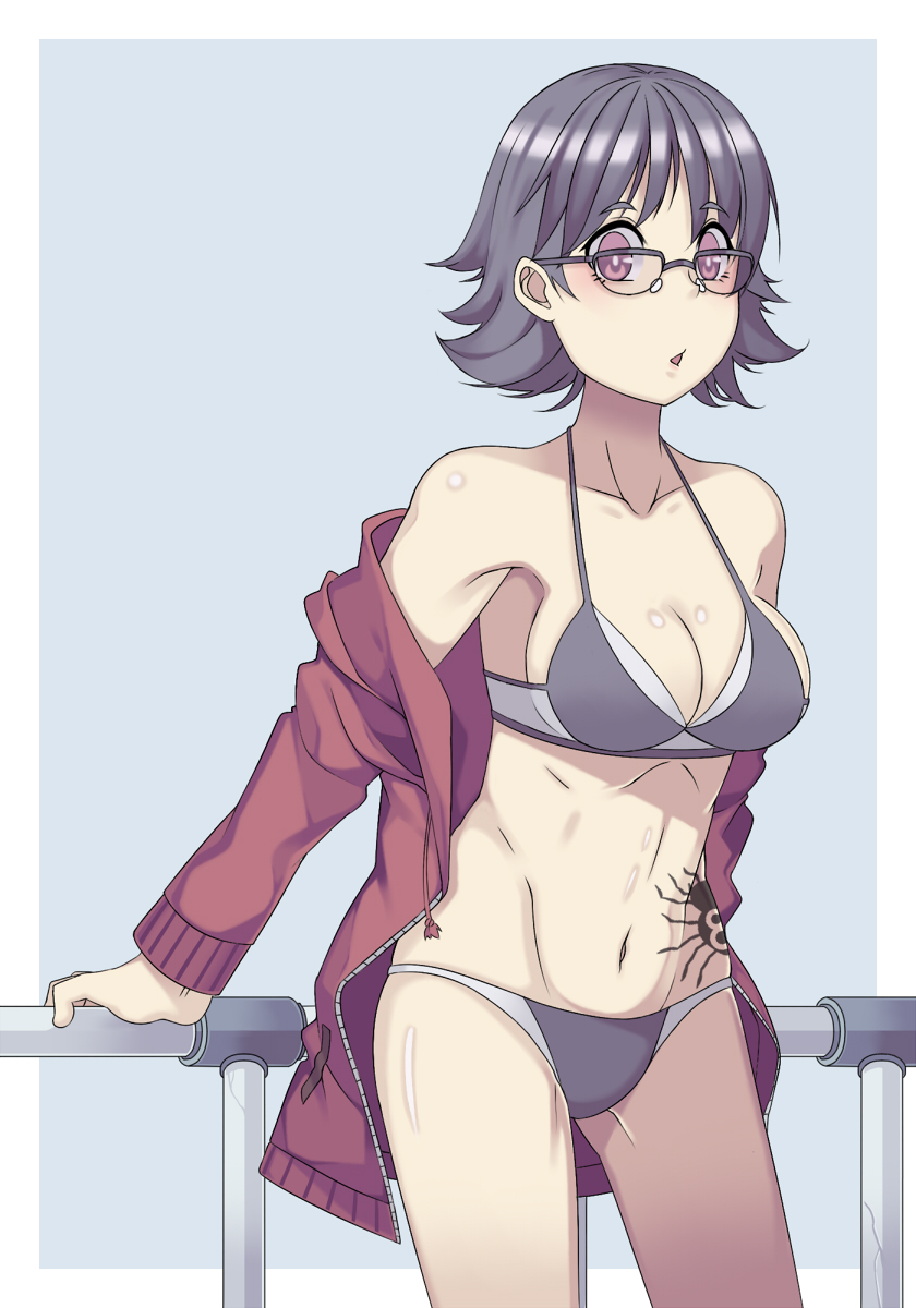 1girls bikini black_hair breasts female female_only glasses hikawa_meijin human hunter_x_hunter large_breasts pale-skinned_female pale_skin phantom_troupe shizuku_murasaki short_hair shounen_jump solo spider_tattoo swimsuit tagme tattoo villainess