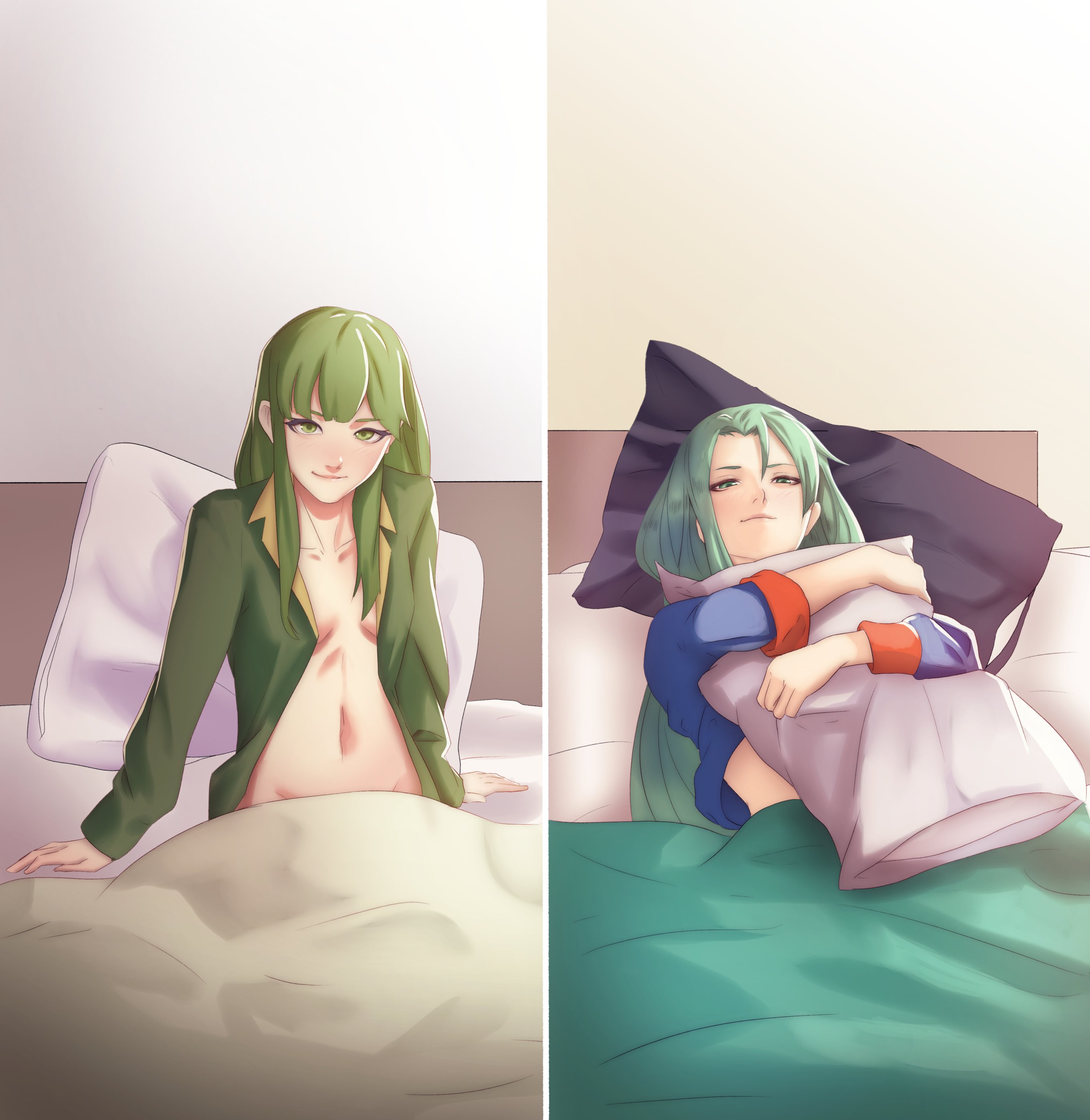 2girls, absurdres, bad censor, bangs, bare midriff, bed, breasts, covering, female, female only, fire emblem, fire emblem: mystery of the emblem, fire emblem: path of radiance, fire emblem: radiant dawn, fire emblem: shadow dragon and the blade of light, green eyes, green hair, highres, holding, holding pillow, long hair, long sleeves, looking at viewer, multiple females, multiple girls, naked shirt, nephenee (fire emblem), open clothes, open shirt, palla (fire emblem), pillow, pomelomelon, shirt, small breasts, smile, under covers