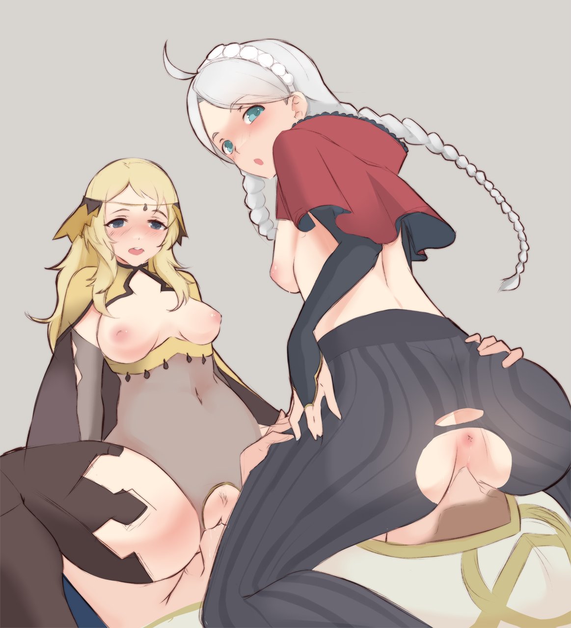 1boy, 2girls, absurdres, ahoge, alternate version available, anus, ass, asymmetrical bangs, bangs, blonde hair, blue eyes, blush, bodystocking, braid, breasts, bridal gauntlets, cape, capelet, clothed sex, commission, cunnilingus, female, ffm threesome, fire emblem, fire emblem fates, fire emblem heroes, grey eyes, hairband, highres, hood, hooded capelet, kiran (fire emblem), kiran (fire emblem) (male), long hair, male, medium breasts, multiple females, multiple girls, nina (fire emblem), nintendo, ophelia (fire emblem), oral, pantyhose, pussy, reverse spitroast, ryumi-gin, sex, thighhighs, threesome, torn clothes, torn legwear, twin braids, vaginal penetration, white hair