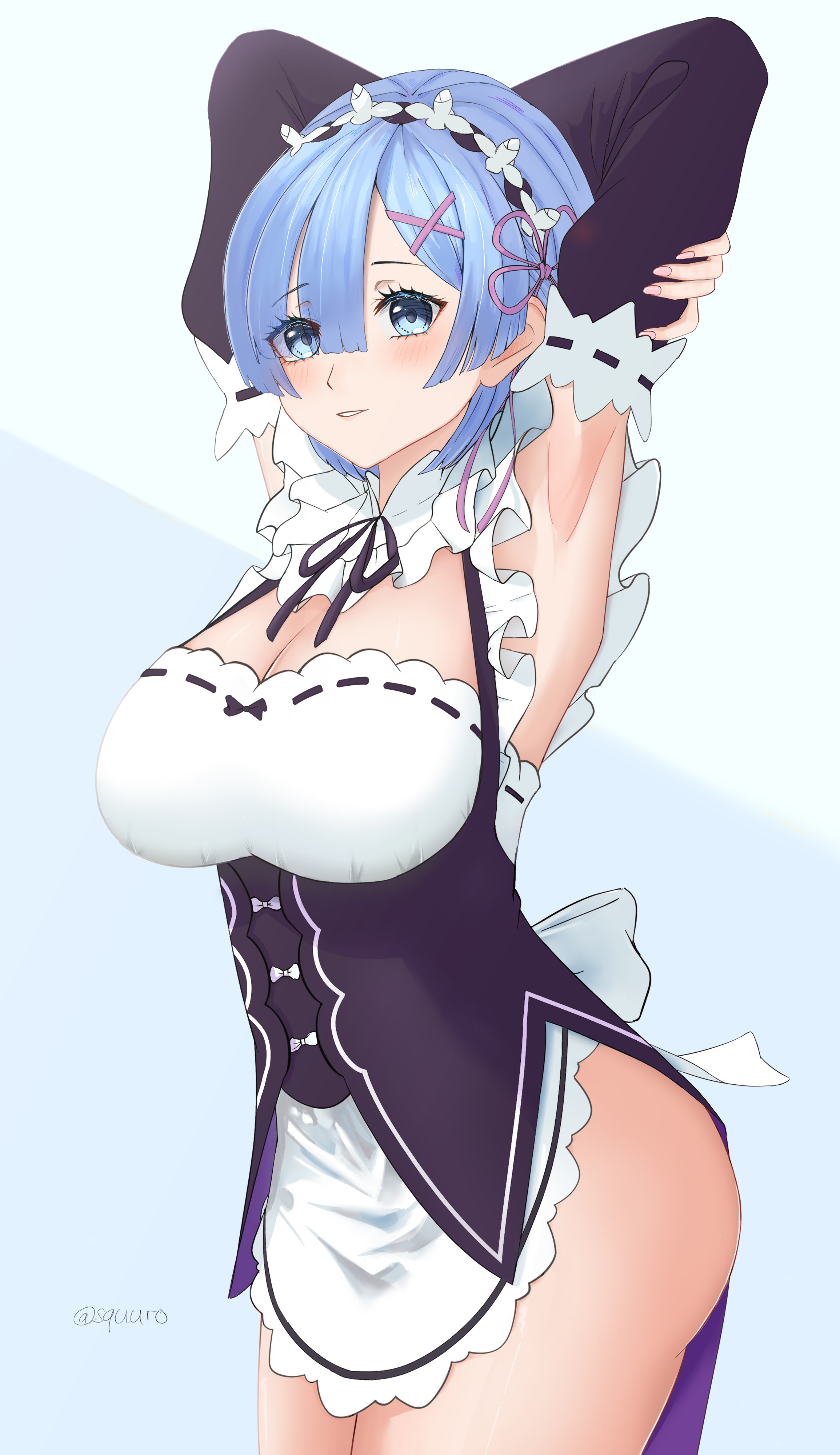 1girls, armpit, armpits, big breasts, blue hair, breasts, female, maid, maid uniform, no panties, re:zero kara hajimeru isekai seikatsu, rem (re:zero), squuro