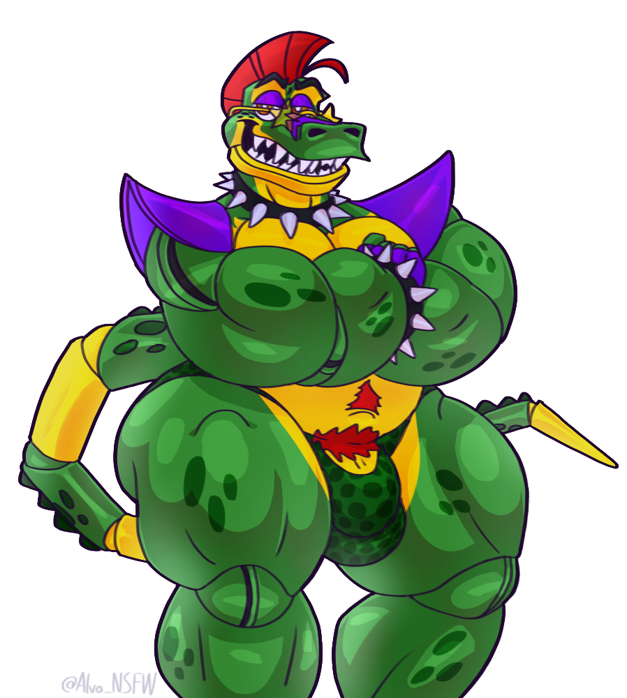 alligator alligatorid alva_nsfw animal_print anthro bracelet bulge clothing collar crocodilian eyebrows eyewear five_nights_at_freddy's five_nights_at_freddy's:_security_breach flaccid gay glasses gloves green_body green_scales hair handwear jewelry male male_only montgomery_gator_(fnaf) musclegut penis red_hair reptile rockstar scales scalie scottgames shoulder_pads solo spiked_bracelet spiked_collar spikes spots sunglasses thong underwear video_games