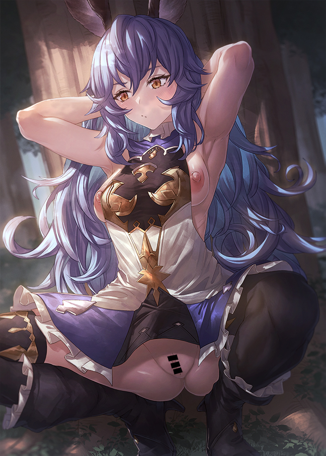 animal_ears armpits arms_behind_head bangs bare_shoulders black_footwear black_legwear blue_hair blue_skirt blush boots breasts dress earrings erune female ferry_(granblue_fantasy) granblue_fantasy high_heel_boots high_heels ibuki_notsu jewelry knee_boots long_hair looking_to_the_side medium_breasts nipple_slip nipples pussy single_earring skirt solo squatting thighhighs thighhighs_under_boots wavy_hair white_dress yellow_eyes