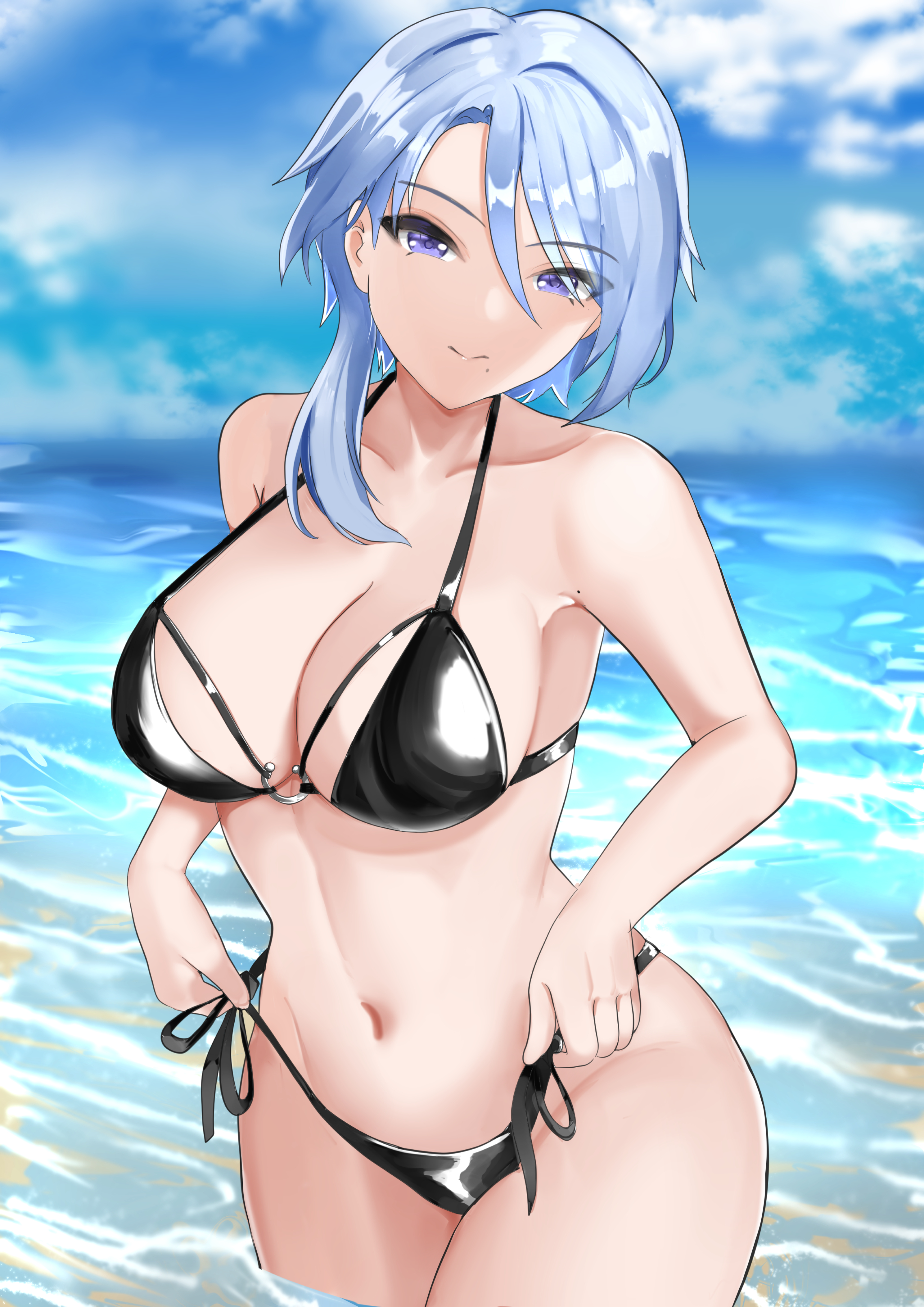 1girls, beach, bikini, black bikini, blue eyes, blue hair, breasts, cleavage, curvaceous, female, genderswap, genderswap (mtf), genshin impact, hi res, kamisato ayato, large breasts, milf, mole, mole under eye, ocean, rule 63, side-tie bikini, smile, tian kazuki, voluptuous, wide hips