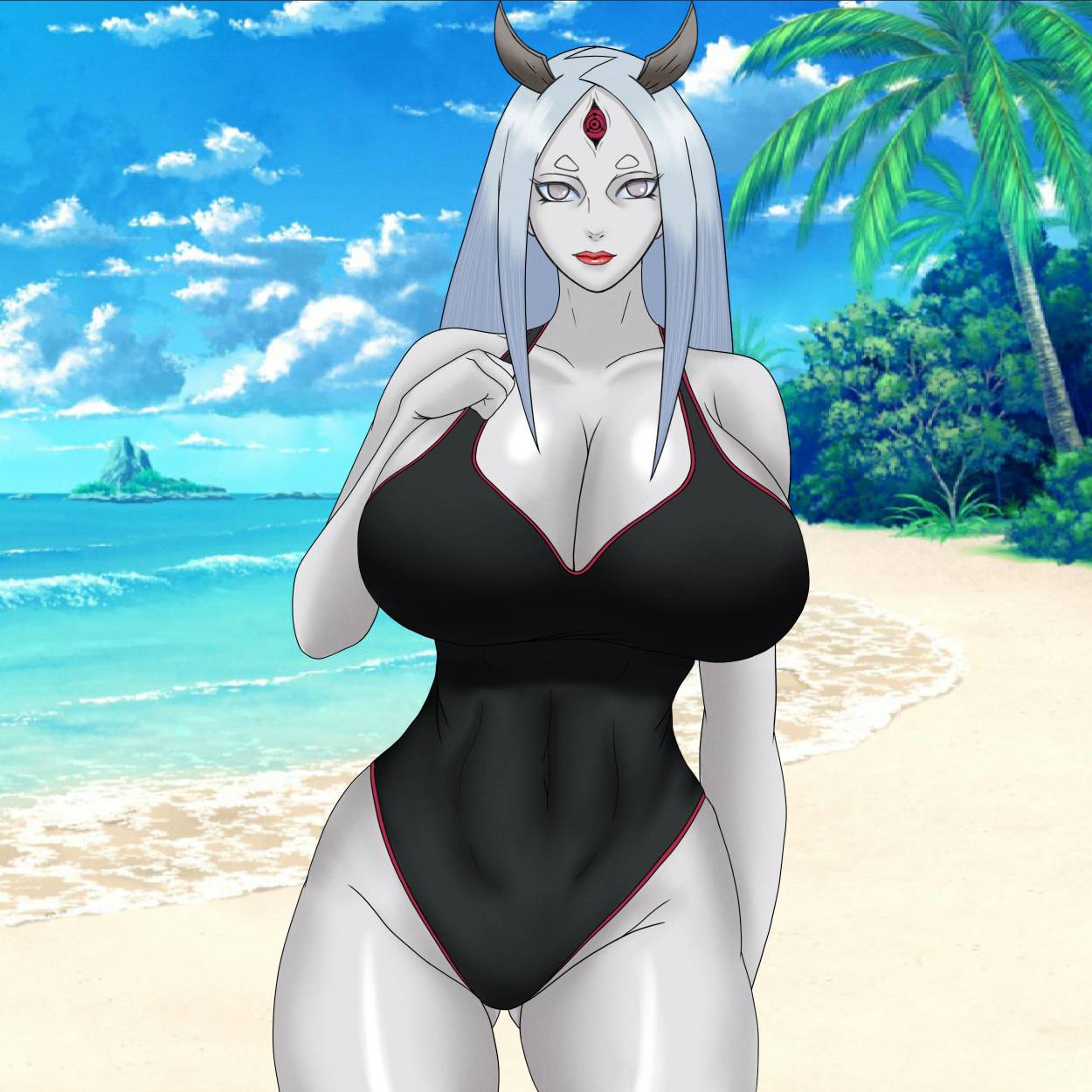 1girls 3_eyes bare_arms bare_legs bare_shoulders beach big_breasts black_swimsuit breasts busty cleavage colored_skin curvaceous curvy curvy_figure female female_only gilf goddess horns hourglass_figure huge_breasts long_hair mature mature_female milf multi_eye naruto naruto_(series) naruto_shippuden ocean one-piece_swimsuit otsutsuki_kaguya outdoors pale-skinned_male pale_skin red_eye rinne_sharingan sand shiny shiny_hair shiny_skin shore skindentation slim_waist solo solo_focus sutokatsu swimsuit thunder_thighs tight_clothing tight_swimsuit unusual_pupils very_long_hair violet_eyes voluptuous water white_hair white_skin wide_hips