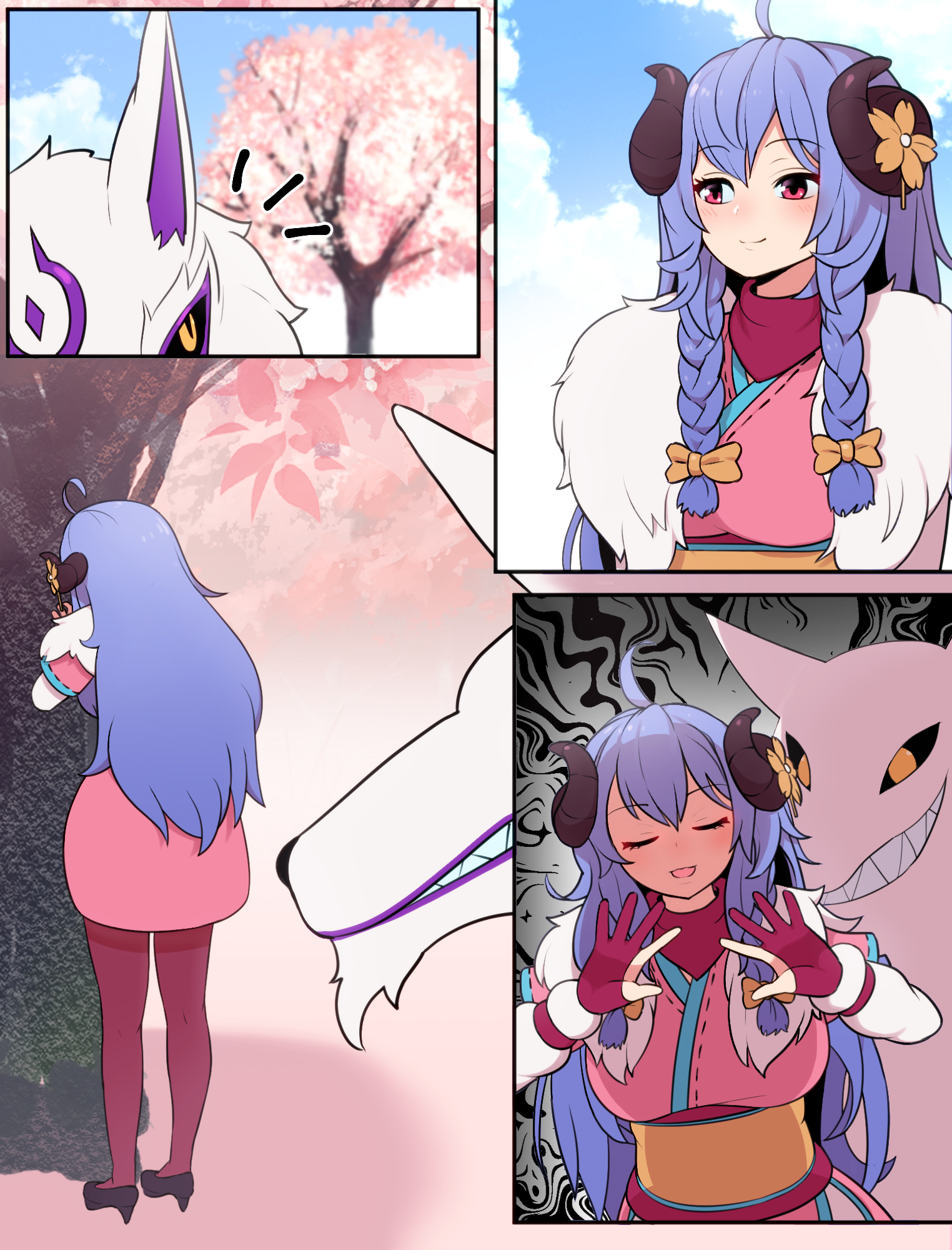 1animal, 1boy, 1girls, blue hair, clothed, colored, everyday2, female, full color, fully clothed, highres, horns, kindred, lamb (league of legends), league of legends, male, pink eyes, riot games, spirit blossom kindred, spirit blossom series, stockings, wolf, wolf (league of legends)