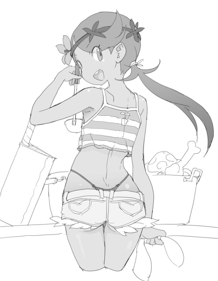 ass crop_top dark-skinned_female dark_skin game_freak looking_at_viewer looking_back mallow_(pokemon) minishorts monochrome ookamiuo pokemon pokemon_sm short_shorts shorts sketch tall tall_female tan tan_skin tank_top thong underbutt