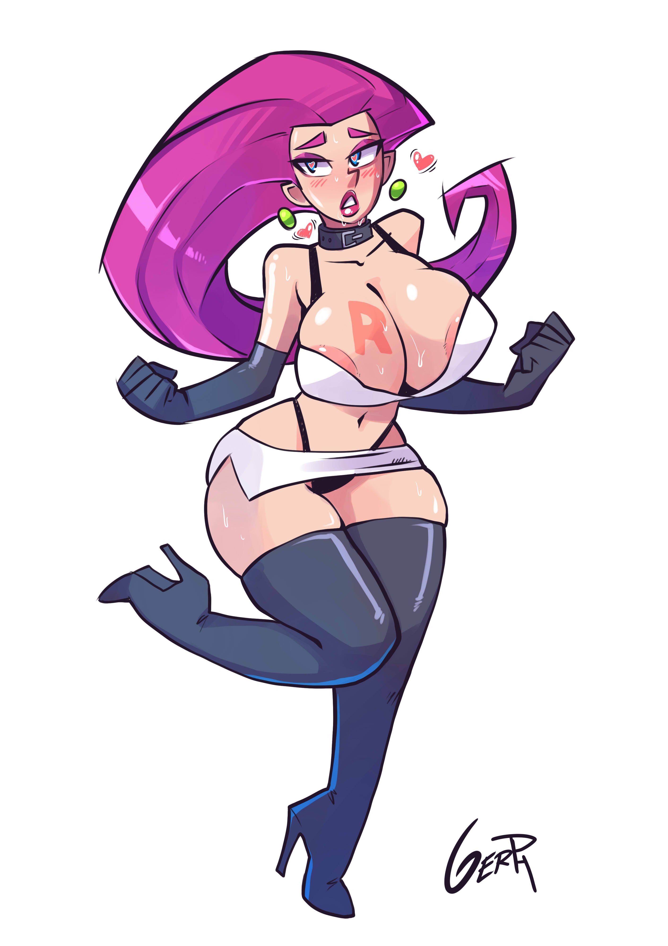 1girls, big breasts, blush, blushing, breasts, collar, female, female only, fuck me boots, gerph, green earrings, heart eyes, heart-shaped pupils, high heel boots, high heels, human, human only, jessie (pokemon), kneehighs, magenta hair, overflowing breasts, parted lips, pokemon, sleeves, solo, tagme, tattoo on breast, thick thighs, thong, tight clothing, tight skirt