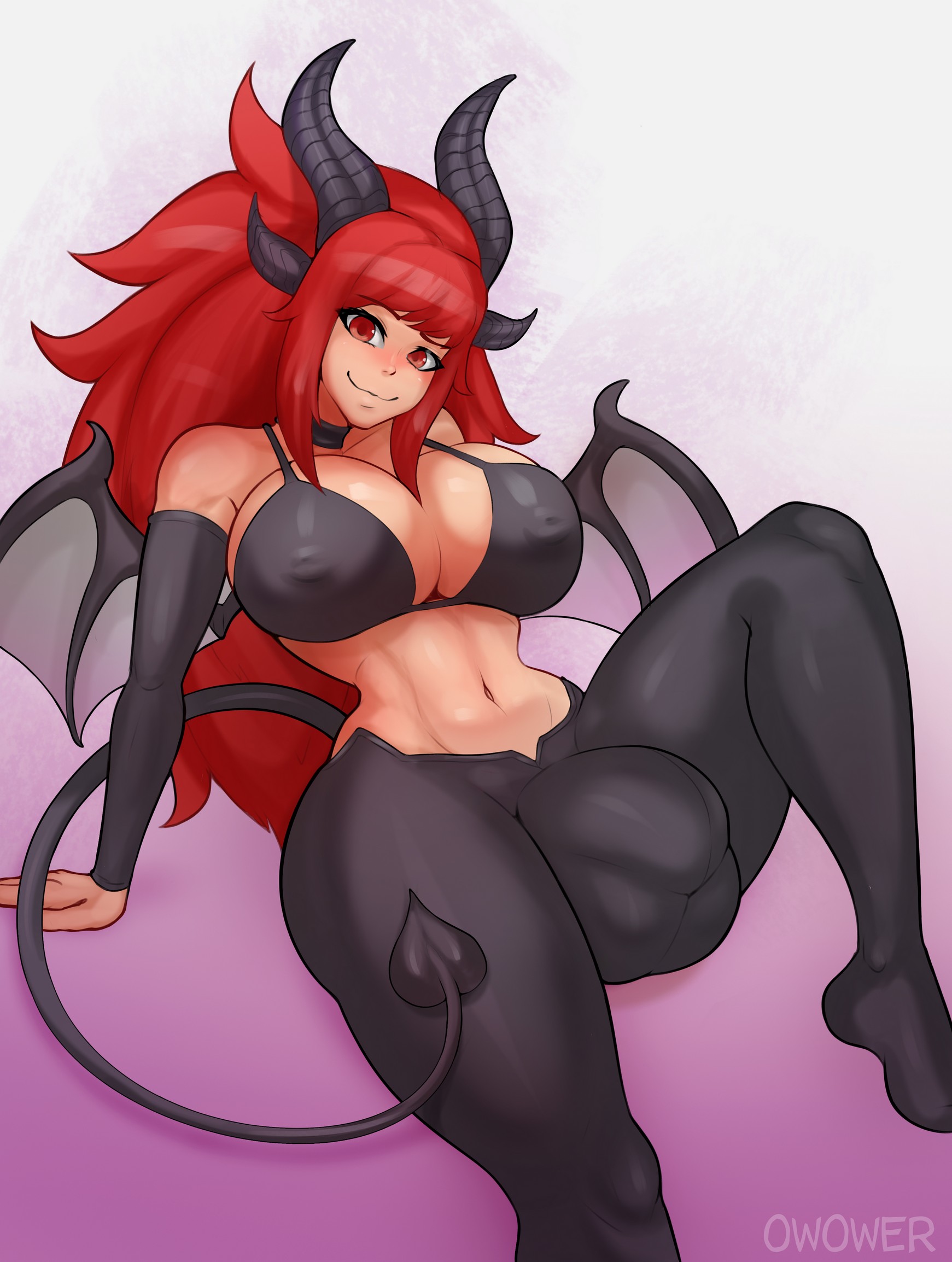 0w0wer, 1futa, balls, bat wings, big breasts, blush, breasts, bulge, cleavage, clothed, clothing, demon, futa only, futanari, horns, hourglass figure, humanoid, humanoid penis, intersex, large breasts, light skin, light-skinned futa, long hair, looking at viewer, mostly clothed, pale skin, penis, red hair, solo, solo futa, spade tail, succubus, tail, thick thighs, tight clothing, wide hips, wings