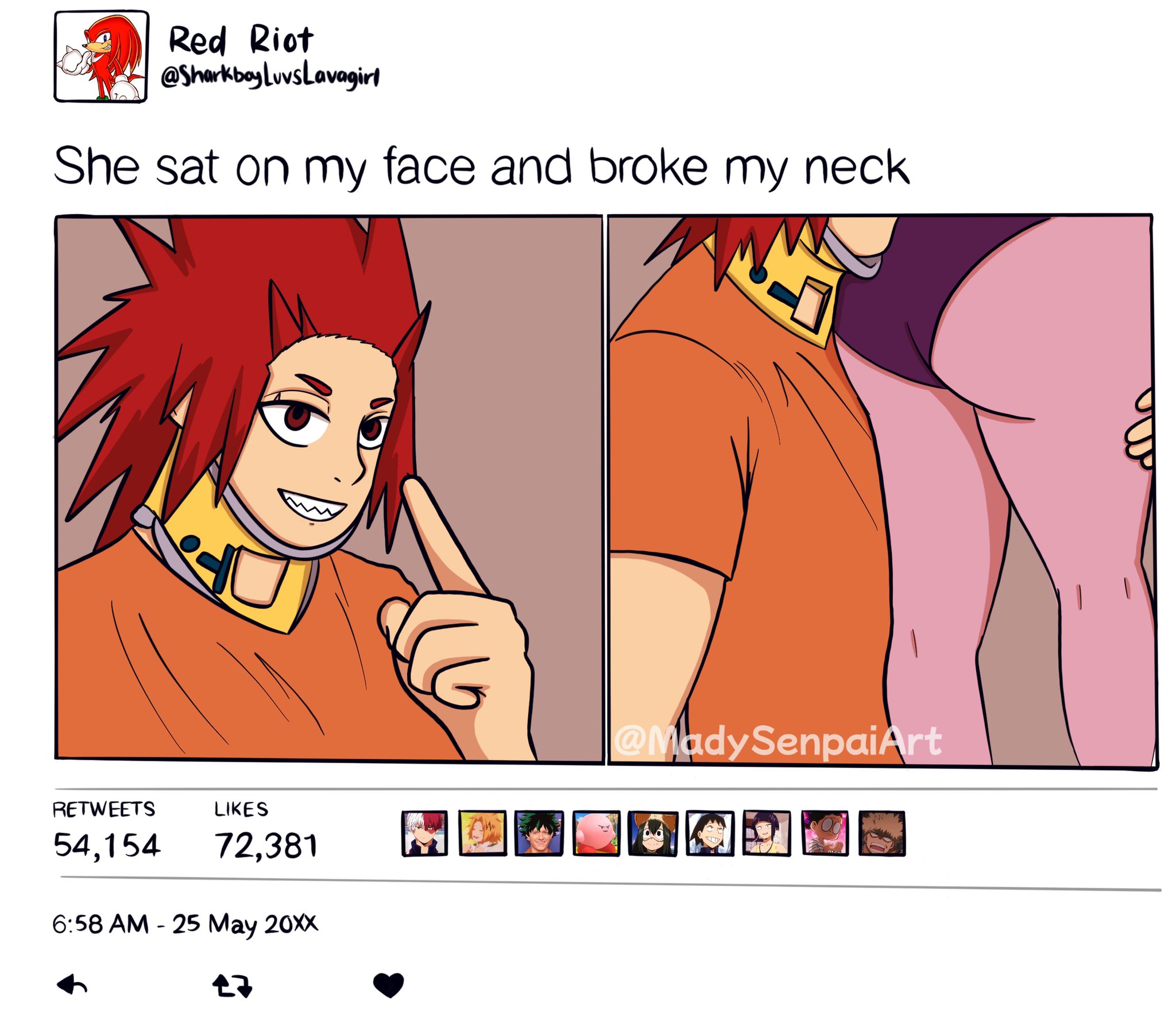 1boy, 1girls, ass, broken neck, crossover, eijirou kirishima, english text, facesitting, female, implied facesitting, injury, madysenpaiart, male, meme, mina ashido, my hero academia, neck brace, pink skin, she sat on my face and broke my neck, straight, text, thick, thick ass, thick legs, twitter