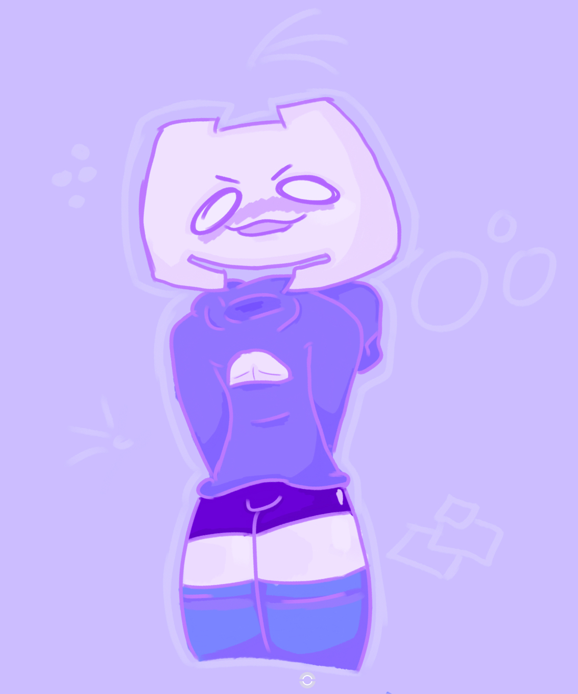 :3, blue socks, blush, boob window, clyde (discord), cuntboy, cuntboy only, curvy, discord, discord (app), femboy, flustered, hands behind back, hoodie, huge thighs, no eyes, penis, pink skin, purple background, purple clothing, purple hoodie, raphi (artist), short pants, shy, skinny, stockings, thick thighs, thighhighs