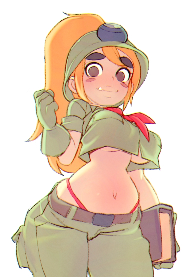 1girls belt big_breasts big_eyebrows big_eyes black_eyes blonde_hair blush crop_top doxy eyelashes_visible_through_hair fist gloves goombella helmet holding_book long_hair looking_at_viewer mario_(series) pants panty_straps paper_mario plump_lips pocket ponytail short_sleeves simple_background smile stomach teenager thick_eyebrows tooth underboob white_background