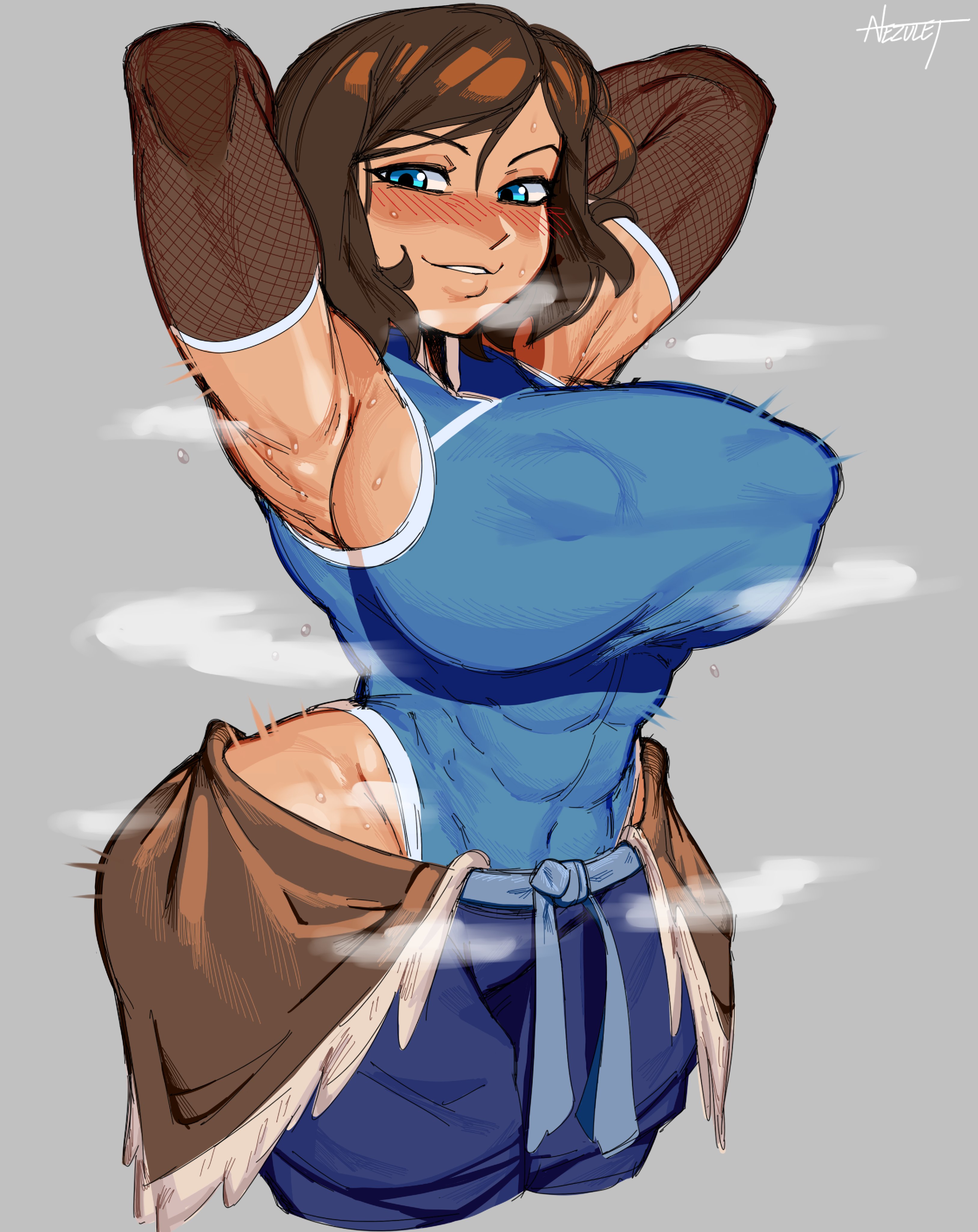 1girls, abs, alternate breast size, armpits, arms behind head, artist name, avatar legends, big breasts, blue eyes, blush, breasts, breasts bigger than head, brown hair, clothing, erect nipples, erect nipples under clothes, eyewear, female, female only, grey background, huge breasts, korra, large breasts, leotard under clothes, looking at viewer, muscular, muscular female, musk, nezulet, nickelodeon, nipple bulge, nipples, short hair, smell, solo, standing, steaming body, sweat, the avatar, the legend of korra, upper body, water tribe, wide hips