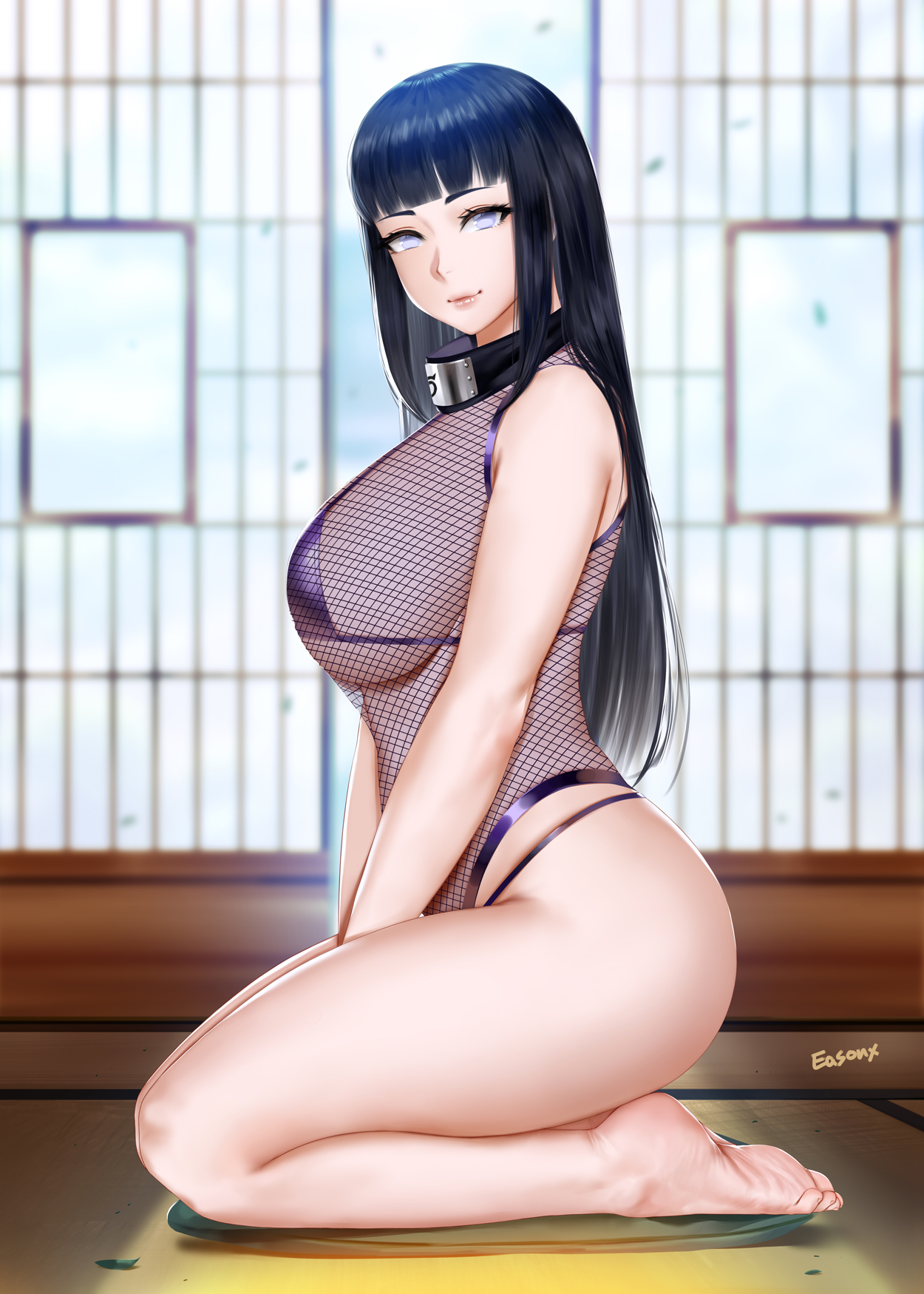 1girls, artist name, bangs, barefoot, bikini, black hair, blunt bangs, blurry, blurry background, breasts, easonx, feet, female, fishnet leotard, fishnets, forehead protector, from side, full body, highres, hime cut, hyuuga hinata, indoors, konohagakure symbol, large breasts, lips, long hair, looking at viewer, looking to the side, naruto, naruto (series), naruto shippuden, purple bikini, purple hair, seiza, sideboob, sitting, skindentation, soles, solo, straight hair, swimsuit, tatami, thighs, toes, violet eyes