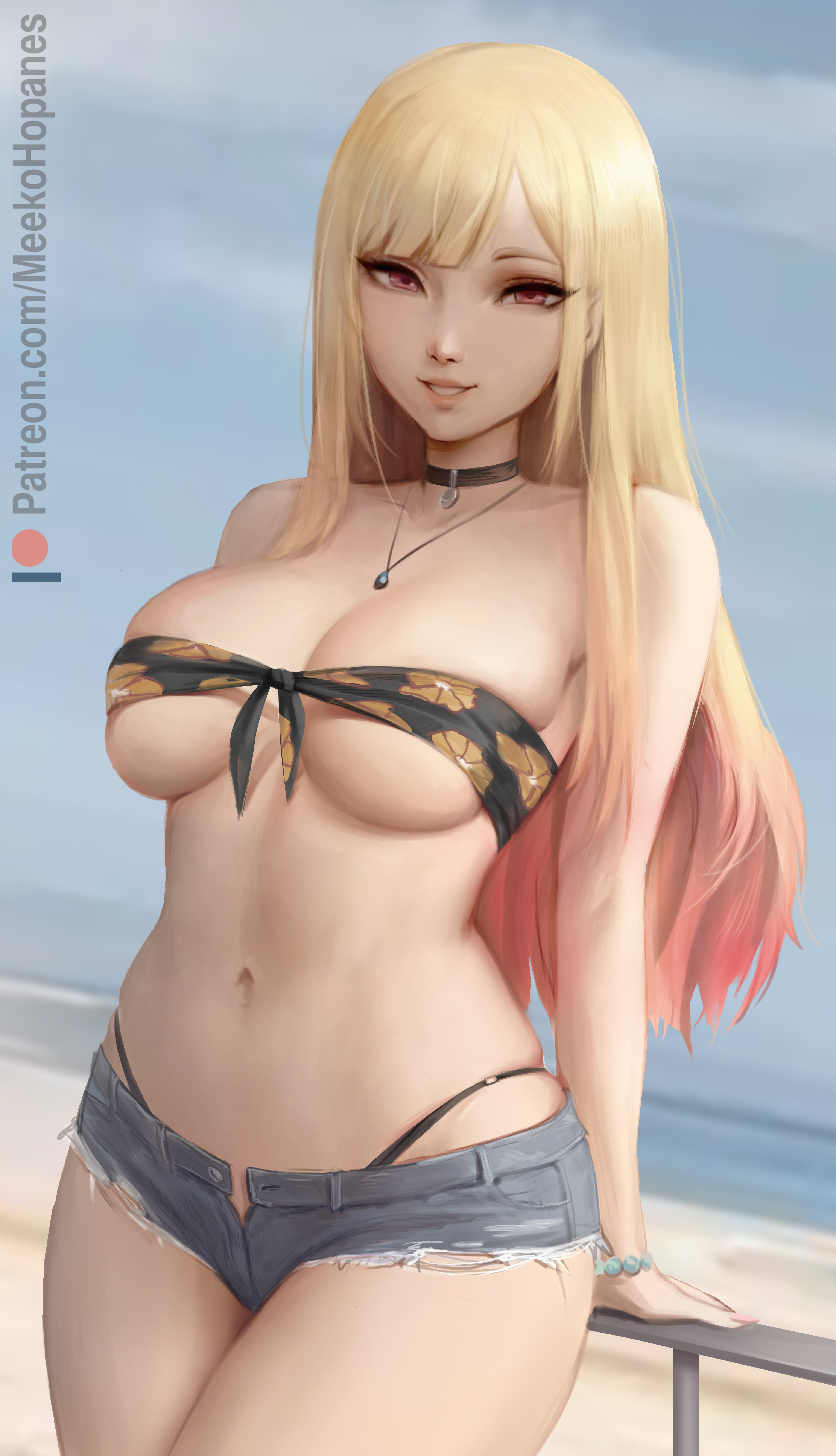 1girls, 2022, artist signature, bikini, black bikini, blonde hair, booty shorts, breasts, female, female only, flower pattern, gyaru, hi res, hips, huge breasts, jean shorts, kitagawa marin, large breasts, long hair, looking at viewer, meekohopanes, outdoors, red eyes, short shorts, shorts, slim waist, smile, sono bisque doll wa koi wo suru, thick thighs, thighs, thong above shorts, very high resolution, wide hips