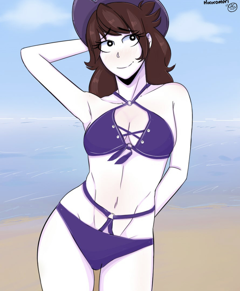 1girls, beach, bikini, breasts, brown hair, female, female focus, female only, fit, hand behind back, hand on head, hat, hikikomori (artist), jaiden, jaiden animations, long hair, smile, solo, solo female, swimsuit, thick thighs, thighs, youtube, youtuber
