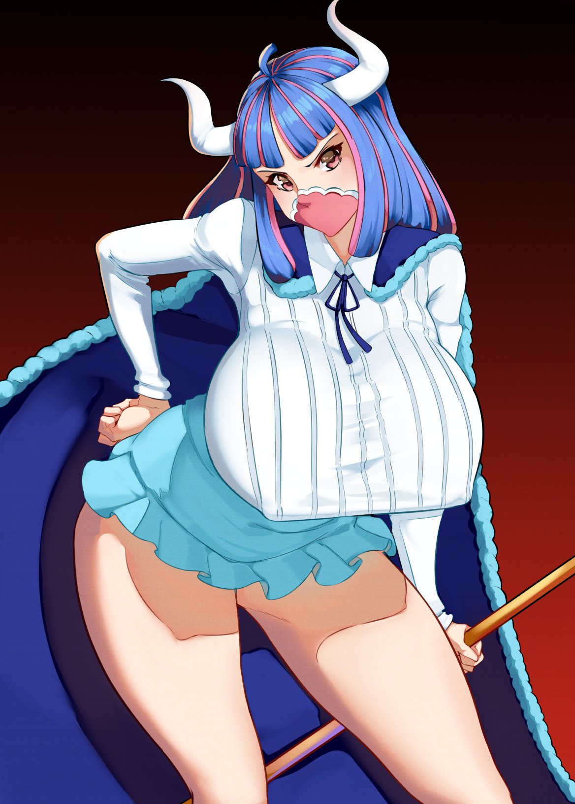 1girls, 47 hard, ass, big breasts, blue hair, blue-haired female, breasts, cape, cow horns, face mask, female, female only, hand on ass, holding object, horns, huge breasts, large breasts, legs, looking at viewer, multicolored hair, nipple bulge, one piece, pink hair, red eyes, short skirt, solo, ulti (one piece)