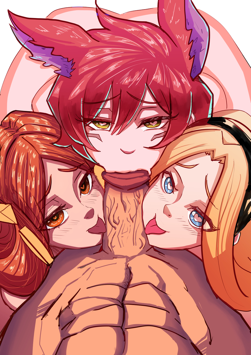 1boy, 3girls, blonde hair, blowjob, collaborative fellatio, eye contact, fellatio, female, heart-shaped pupils, league of legends, leona (league of legends), licking penis, light skin, light-skinned female, luxanna crownguard, male, oral, oral sex, penis, pov, red hair, riot games, simp devil, unseen male face, xayah